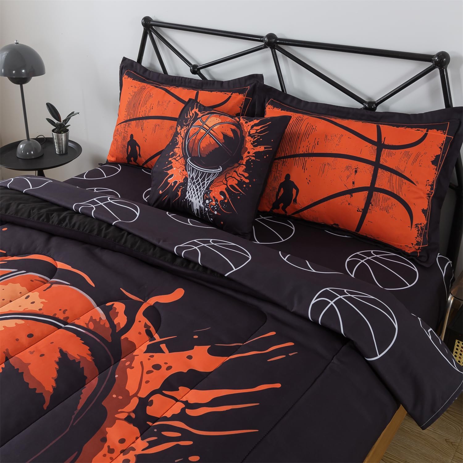 qjmiaofang 6Pcs Basketball Bedding Full for Kids Black Basketball Comforter Boys Teens Sport Bed in A Bag with Basketball Sheets Soft Microfiber Balls Themed Bed Set with Comforter,Sheet,Pillowcases