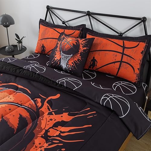 Miniatura 3 de qjmiaofang Juego de ropa de cama de baloncesto de 6 piezas para niños, tamaño individual, juego de edredón de baloncesto para niños, cama deportiva