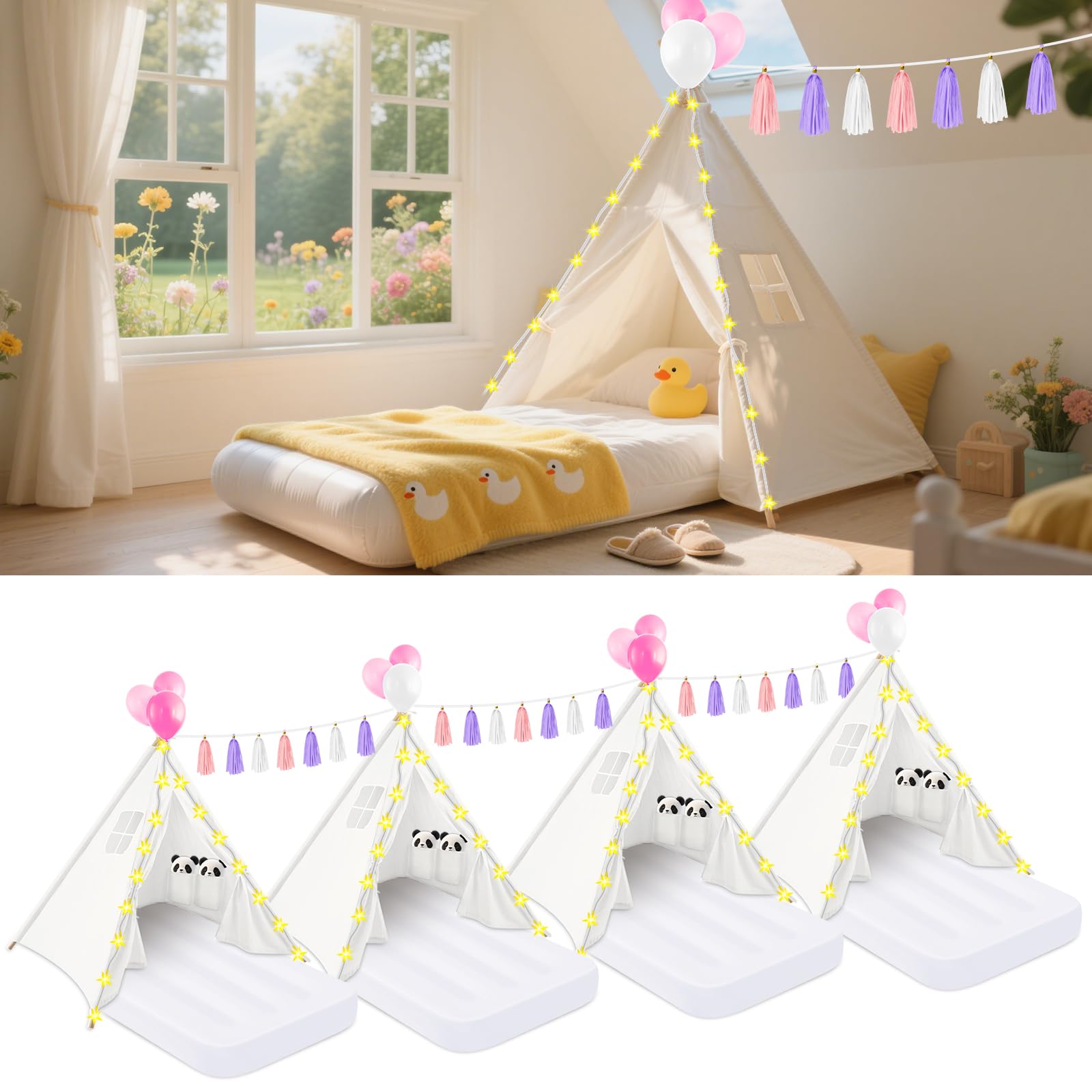 PLULON 4 Pack Teepee Tent for Kids Girls Slumber Party Tents Bulk Kids Sleepover with Inflatable Airbed and Decorations Play White Teepee Indoor