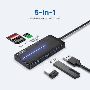 KEXIN USB Hub 3.0 Ultra Slim USB Splitter 3 Multipot Adapter with Card Reader 2ft Cable Extender Hub for HDD, Keybord, Surface Pro (USB A Port)