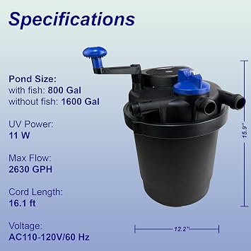 SunSun CPF Pressure Pond Filter with UV Clarifier for Koi Ponds & Water Gardens – CPF-2500, 11W UV, 6000 LPH / 1585 GPH