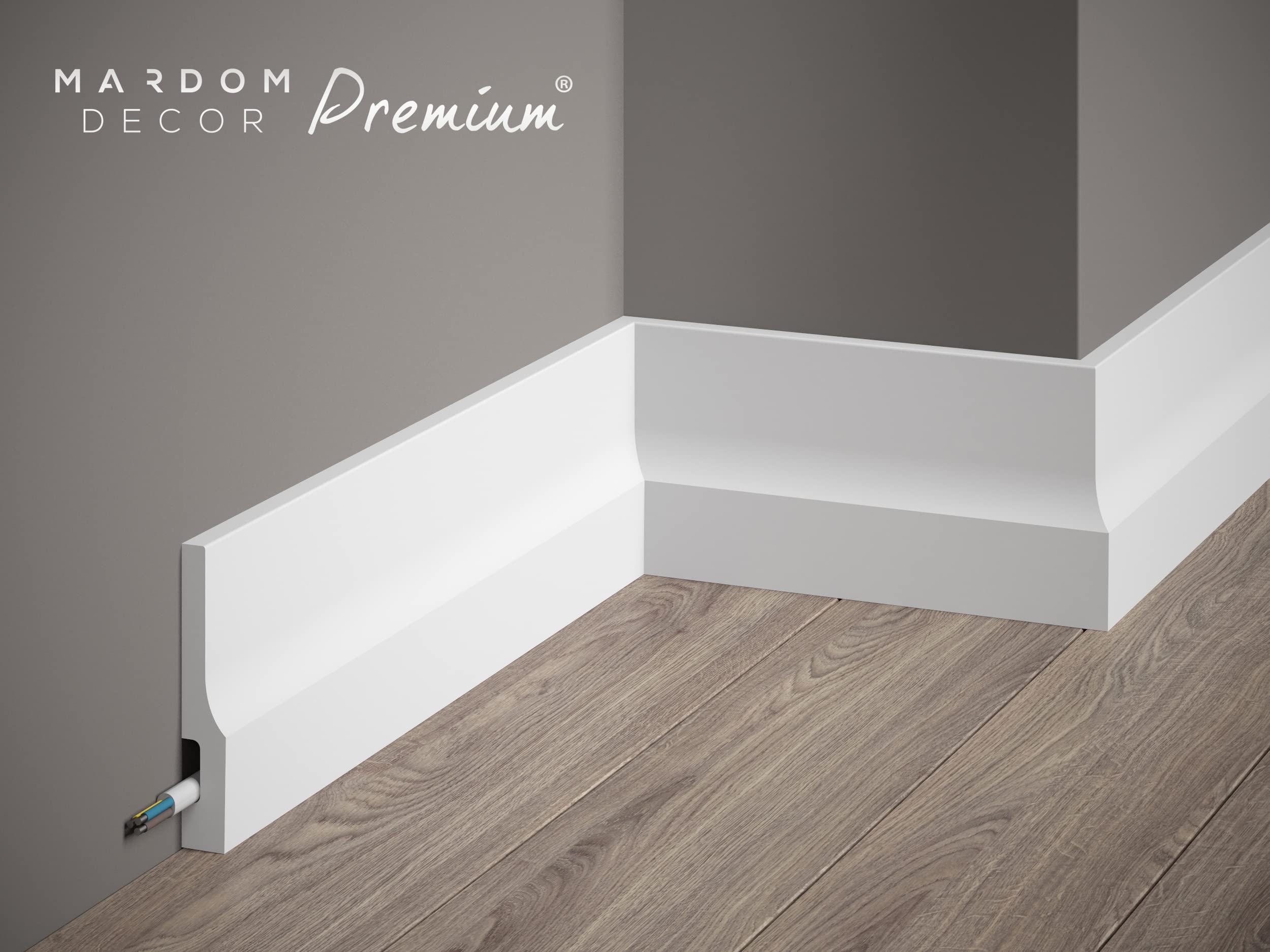 Mardom Decor | QS009P | Plinthe Premium | Plinthe exceptionnelle avec espace pour les câbles | Plinthe avec surface blanche satinée | 200 x 10,0 x 1,6 cm