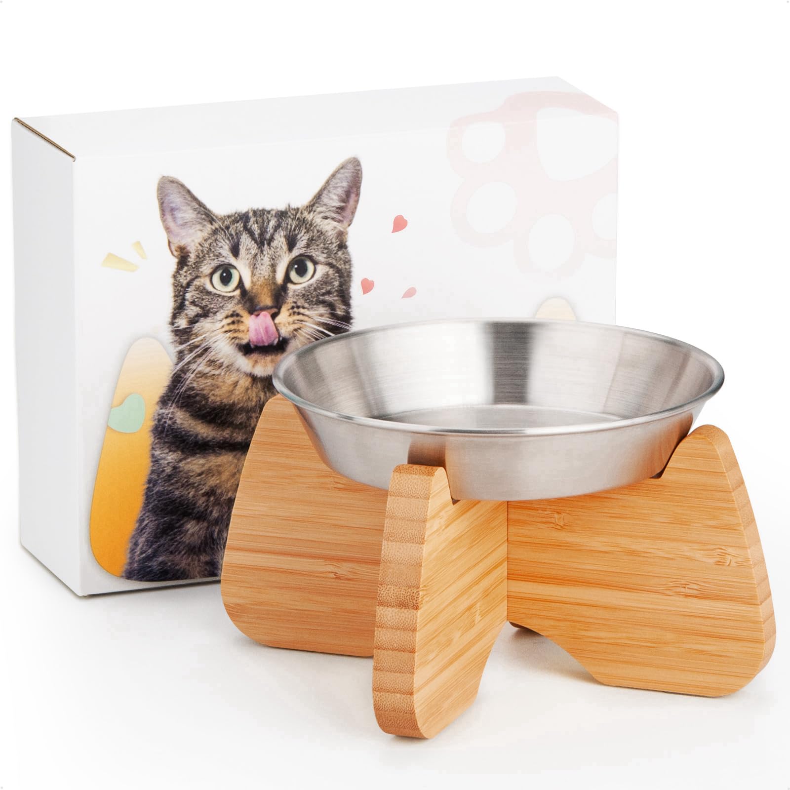 Raised Cat Bowl, Stainless Steel Elevated Cat Bowl Whisker Friendly Wide Flat Shallow Cute with Bamboo Stand Elevated Cat Food Plate Dishwasher Safe