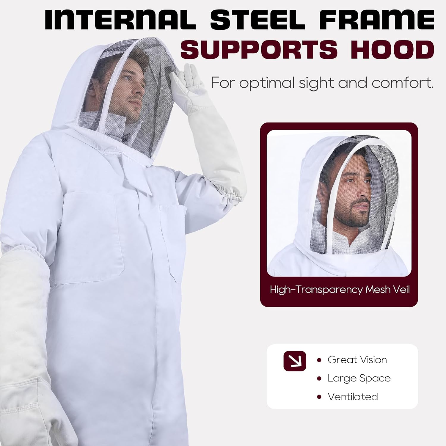LONGADS Professional Bee Suit for Men and Women, Full Body Beekeeping Suit with Gloves & Protective Round Veil, Size L (Fits 61-65 Inches / 5'1"-5'5") for Apiary & Backyard