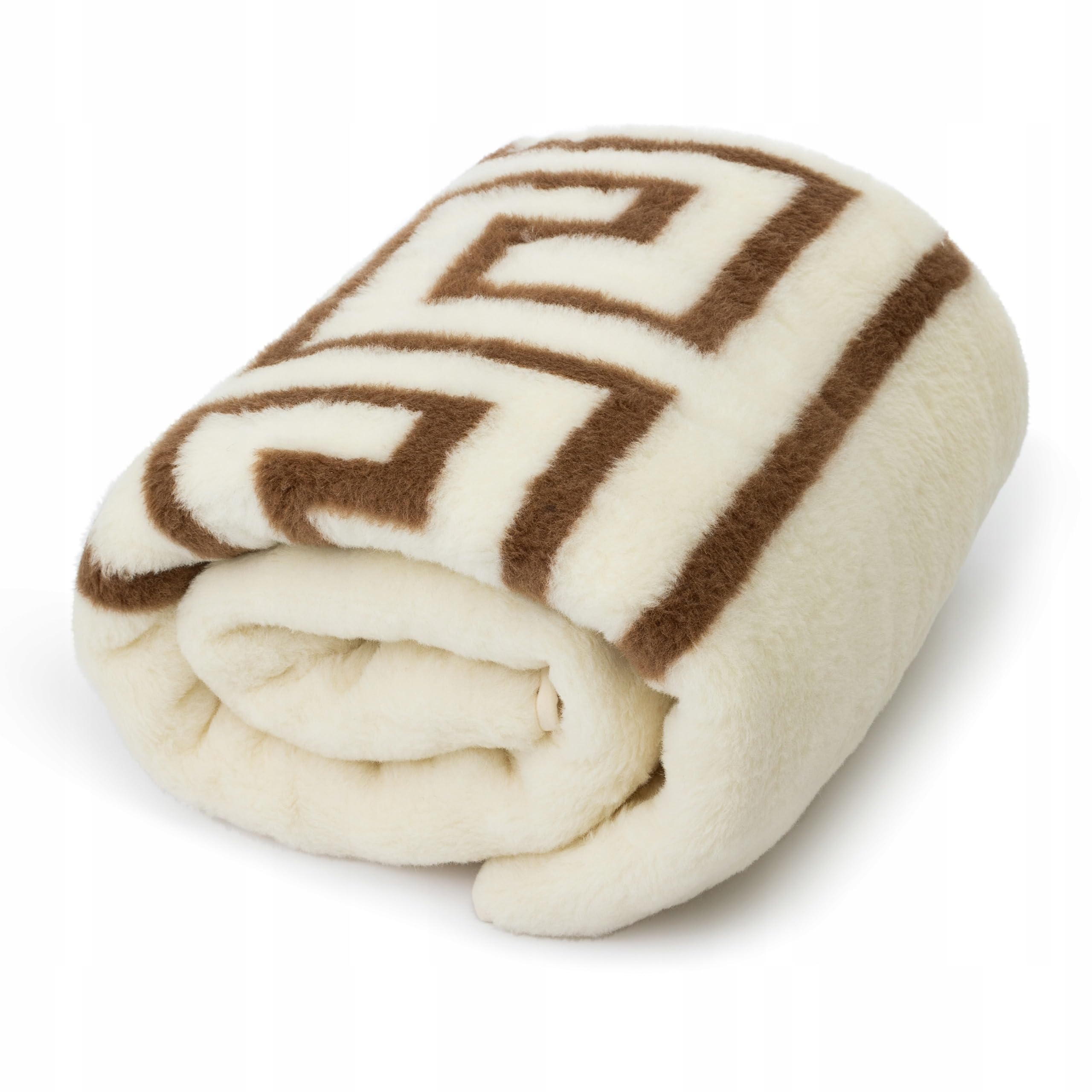 Wool & Home Merino Wolldecke 220x200 cm – Kuscheldecke aus 100% Merinowolle, Cremefarbene Decke mit Brauner Griechischer Mäander-Bordüre – Gewicht 500 g/m² – Atmungsaktiv und Langlebig