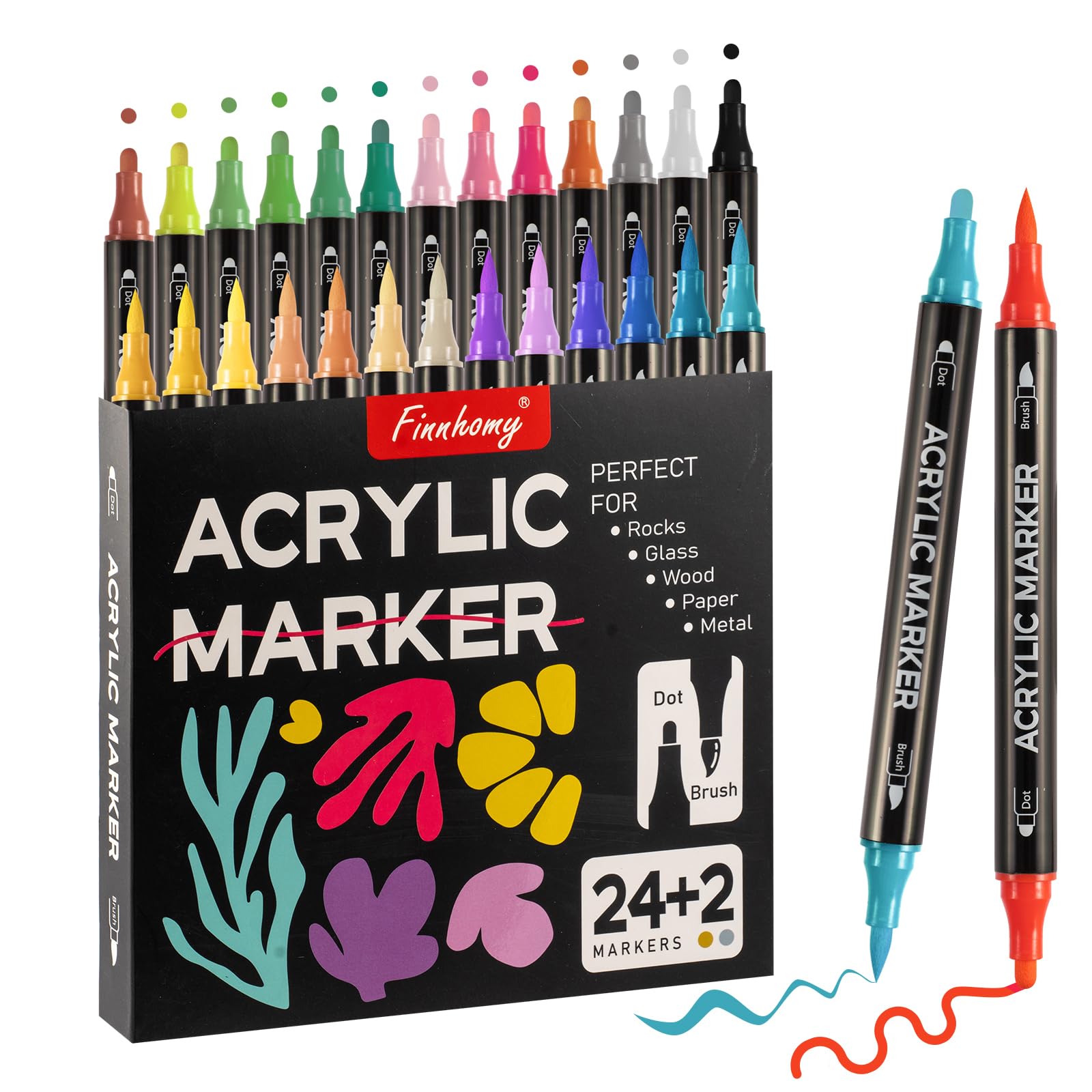 Finnhomy24+2 Colors Acrylic Paint Markers, Dual Tip Acrylic Paint Pens with Dot Tip and Brush Tip for DIY Crafts, Acrylic Markers with 2 Additional Metallic Colors Including GOLD and SILVER