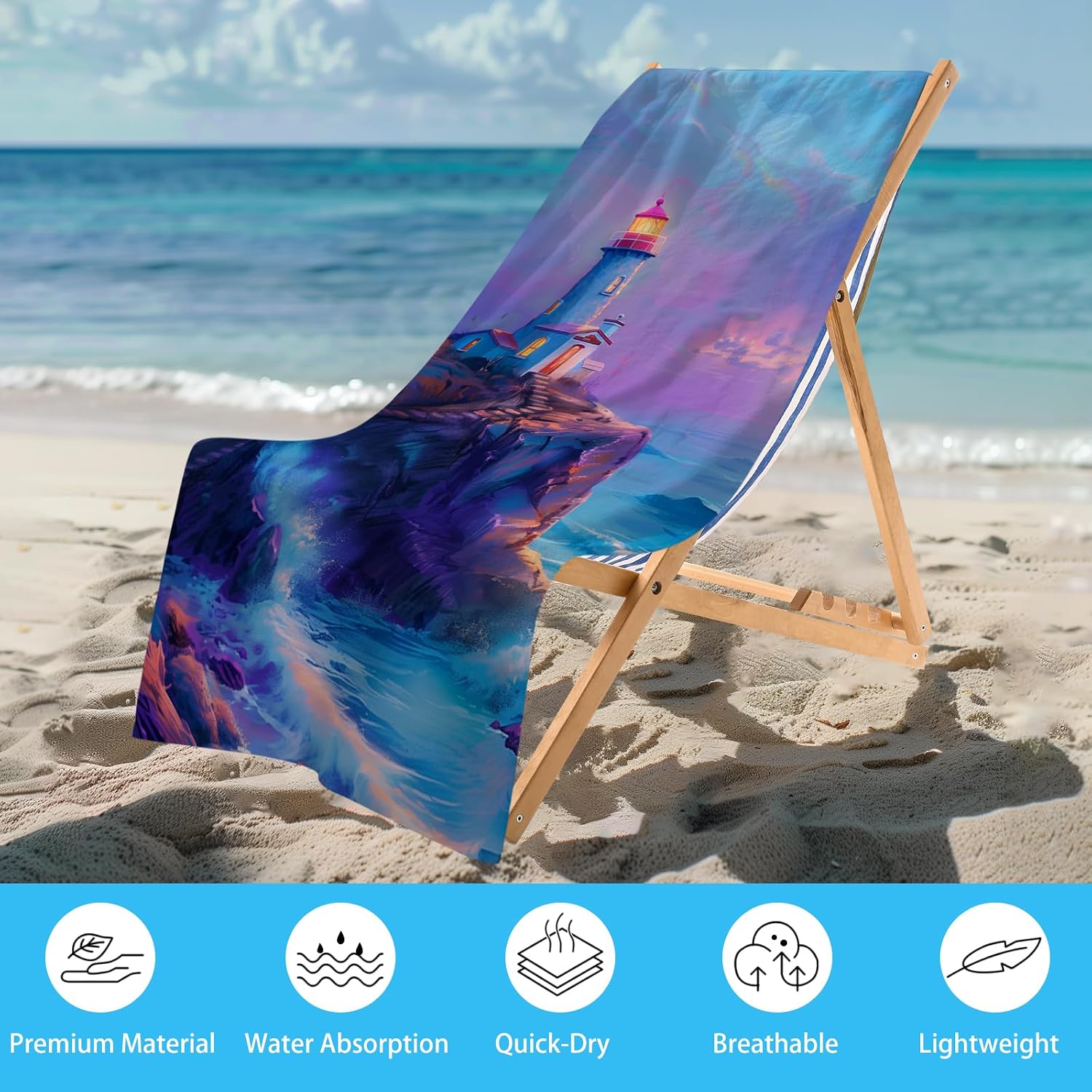 WZOMT Microfiber Beach Towel Purple Lighthouse Towels, Funny Ocean Seaside Wave Lighthouses Bath Towel for Kids Adults, Lighthouse Gifts, Soft Sandproof Swim Travel Towel, Oversized 32x52 Inch