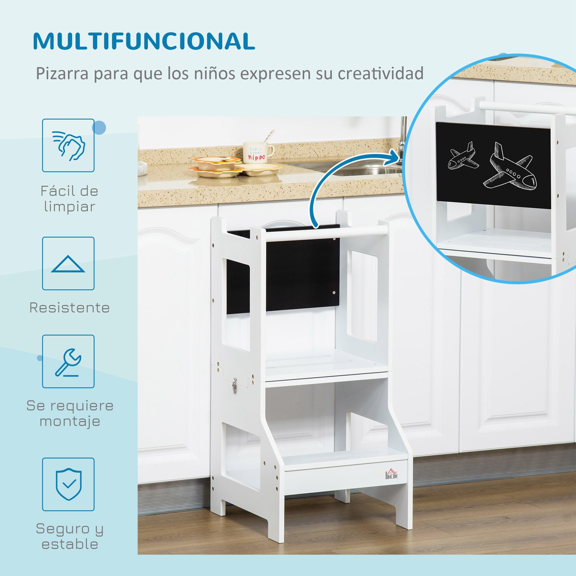 HOMCOM Torre de Aprendizaje 2 en 1 Taburete de Aprendizaje para Niños de +3 Años Convertible en Escritorio con Pizarra y Barra de Seguridad 42x44x86 cm Gris