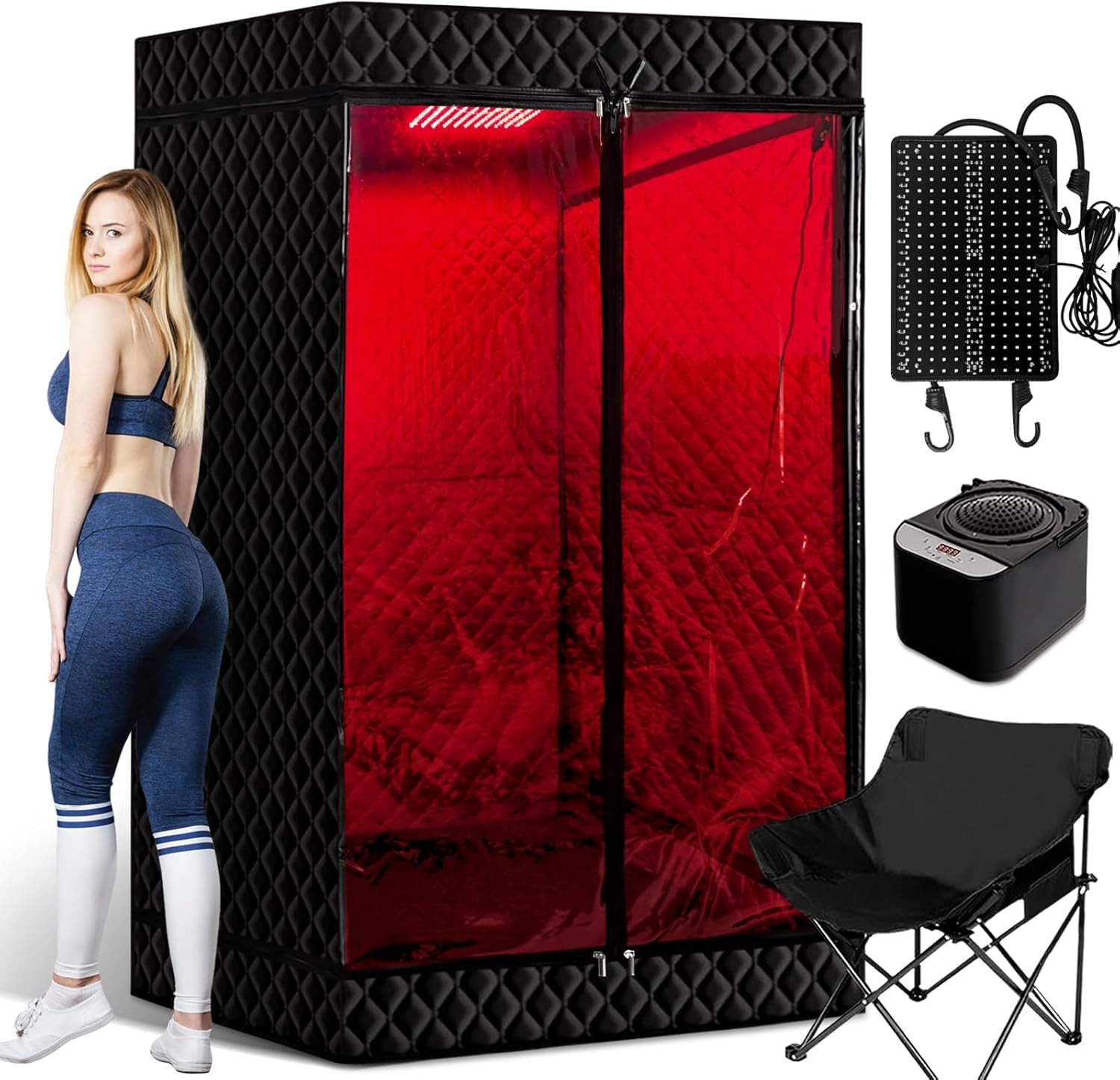 New UpgradeRed Light Collapsible Fridge Sauna Box for Relaxation,Detoxification,Portable Steam Sauna for Home with XL Steamer,16 Levels, 75”x 40”x40”，Double Doors，Larger Folding Chair, (Red Light)
