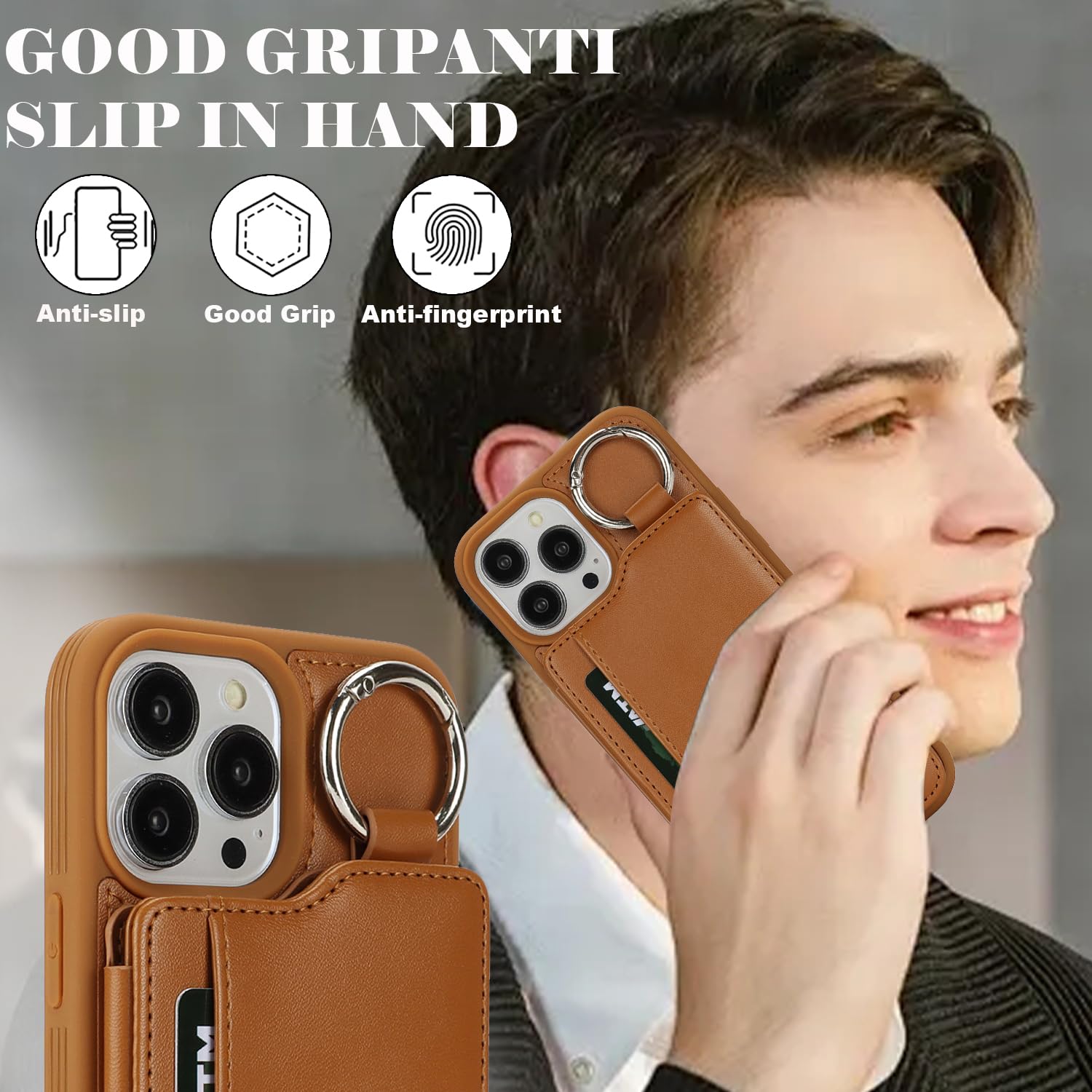 Havaya Etui na iPhone'a 16 Pro z uchwytem na karty etui na iPhone'a 16 Pro z brelokiem skórzany portfel męski - brązowy