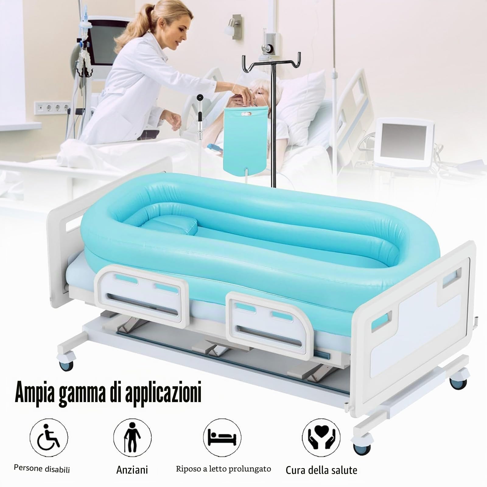 Vasca per Doccia, Vasca da Bagno Gonfiabile, Set Vasca da Bagno Doccia Gonfiabile Medica, Sistema Doccia Portatile sul Comodino, Sistema Doccia con Pompa per Anziani/Disabili/Costretti a Letto