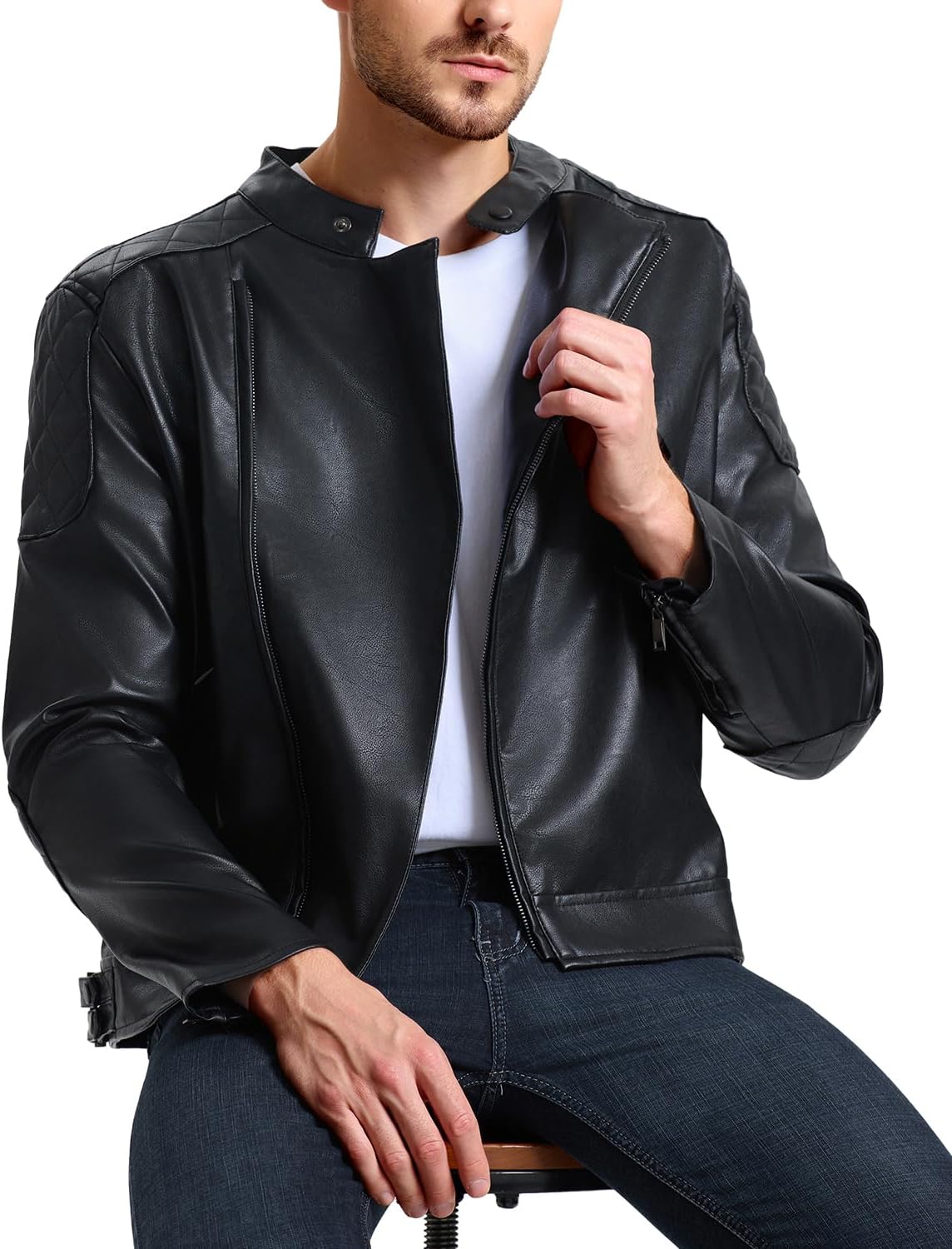 WULFUL Men's Leather Jackets, Faux Bomber Jacket for Men Motorcycle Lapel Asymmetric Zip-Up Slim Fit Biker Coat - Image 4
