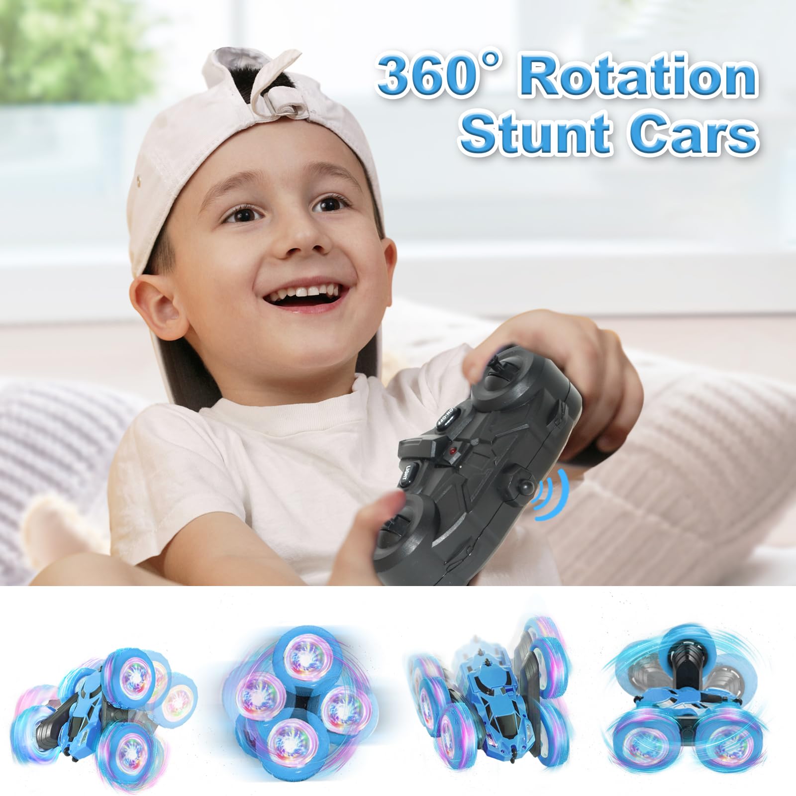 MidiVix Ferngesteuertes Auto, 90 Min Spielzeit, 2.4Ghz Doppelseitig 360° drehbarer RC Crawler mit Scheinwerfern Radlichtern, 4WD Off Road Drift RC Auto Spielzeug Geschenke für Jungen 6-12 Blau