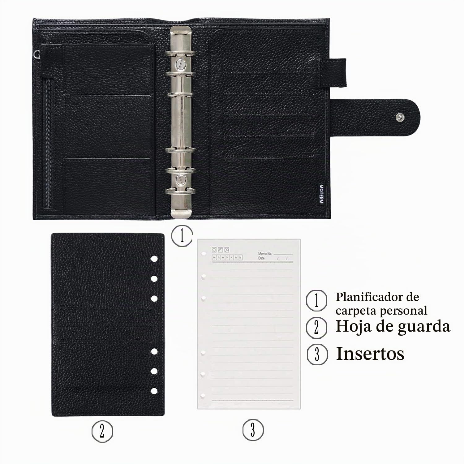 Moterm Planificador personal de anillos regulares, organizador de carpetas de cuero genuino (anillo de 25 mm, guijarros-negro)