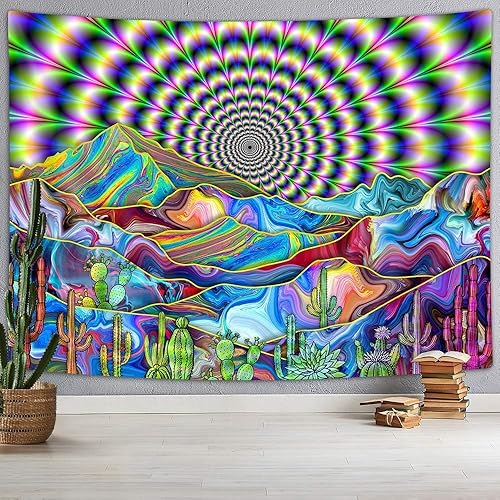 DYNH Tapiz psicodélico de cactus de montaña, paisaje colorido abstracto surrealista místico, hippie, bohemio, para colgar en la pared de dormitorio,