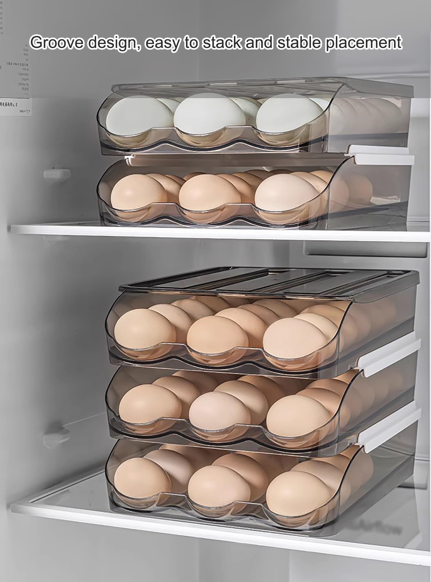 Soporte para huevos para nevera, dispensador de huevos rodante, soporte para huevos de nevera de 18/36/54 huevos organizador con tapa (transparente, 28,5 x 21,5 x 14 cm)