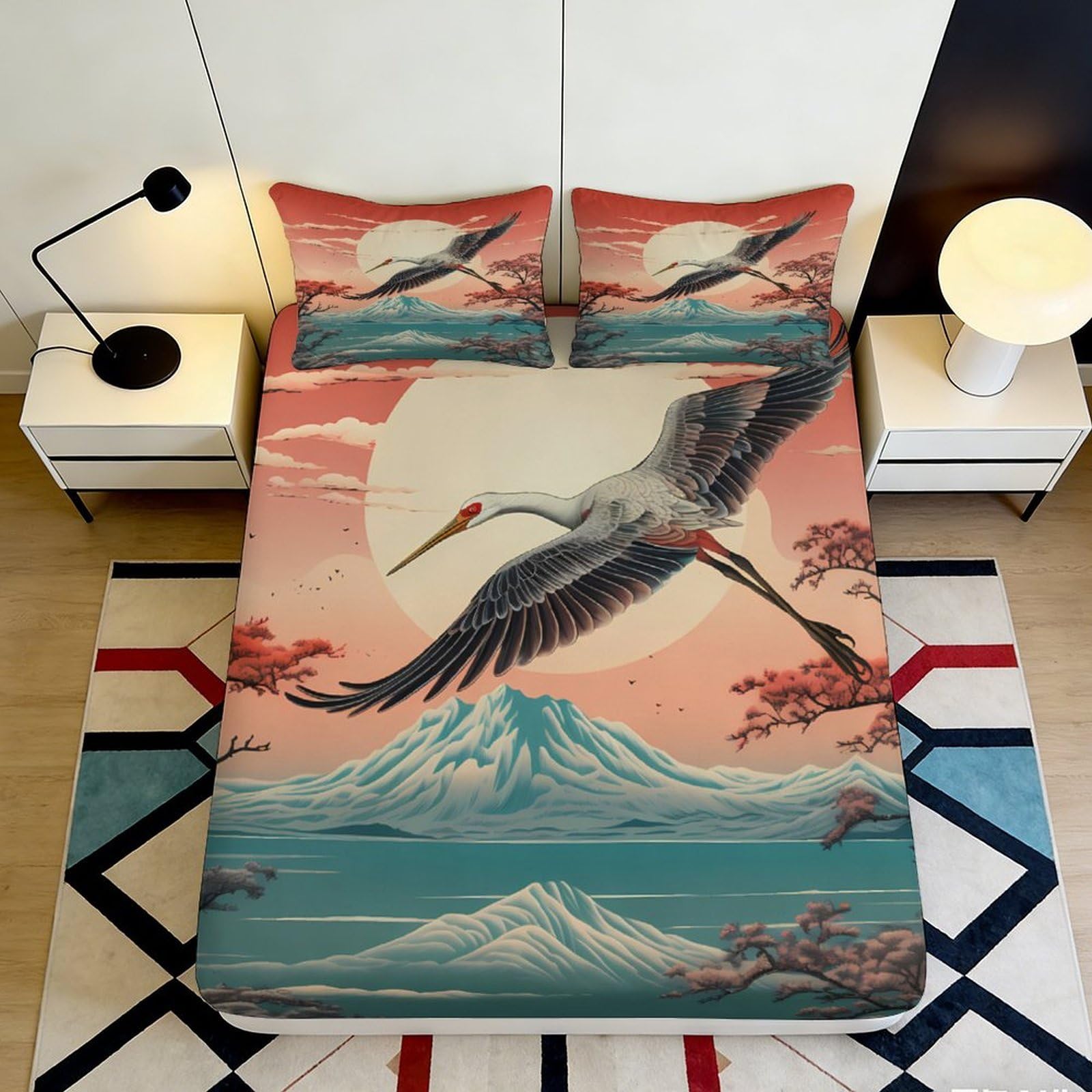 3D Printed Japanese Crane Sunset Fitted Sheet Microfiber Soft Mountain Mattress Cover Bedroom Decor Protector 90x200x25cm