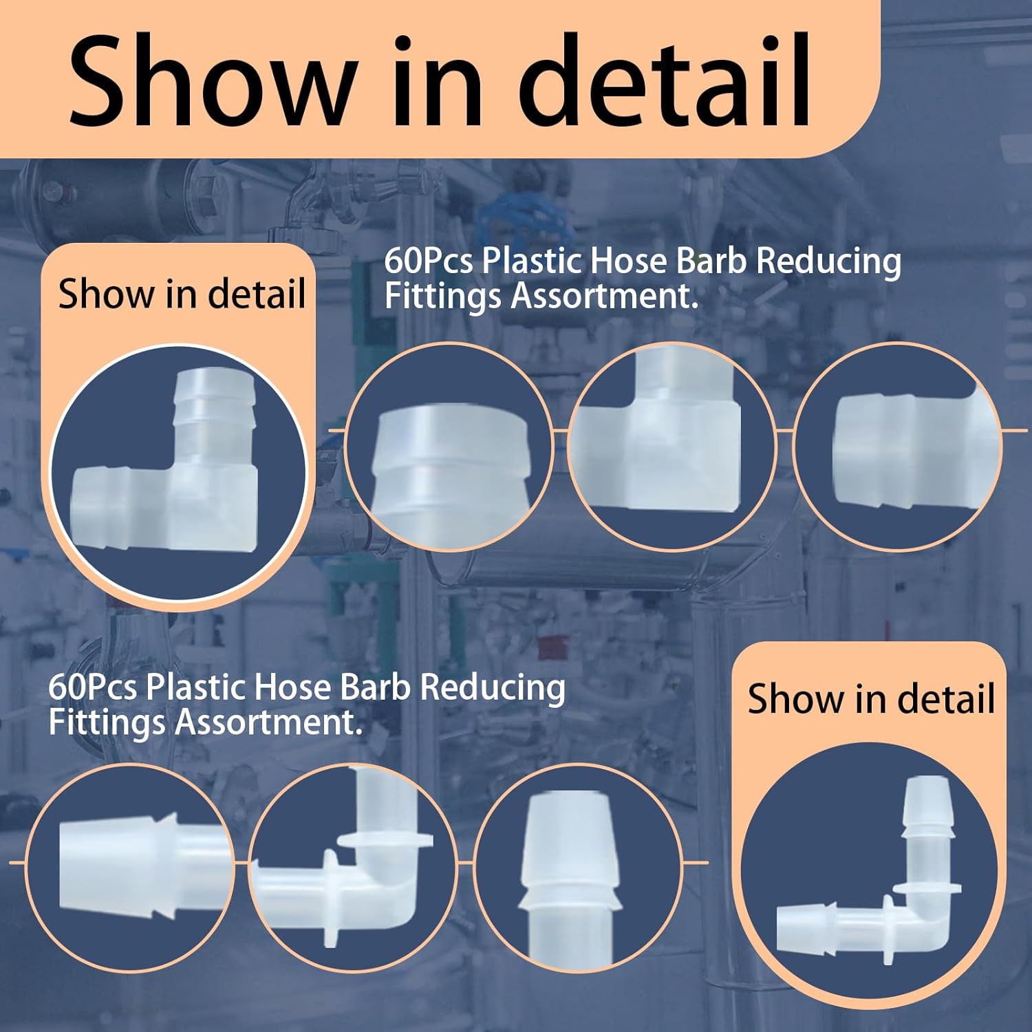 60Pcs Hose Barb Fittings Assortment, 9 Sizes of Equal Barbed Hose Fittings, 90 Degree Elbow L Fittings, Plastic Barbed Connection, Pipe Connectors, and Menders for Liquid, Air, Gas, and Water