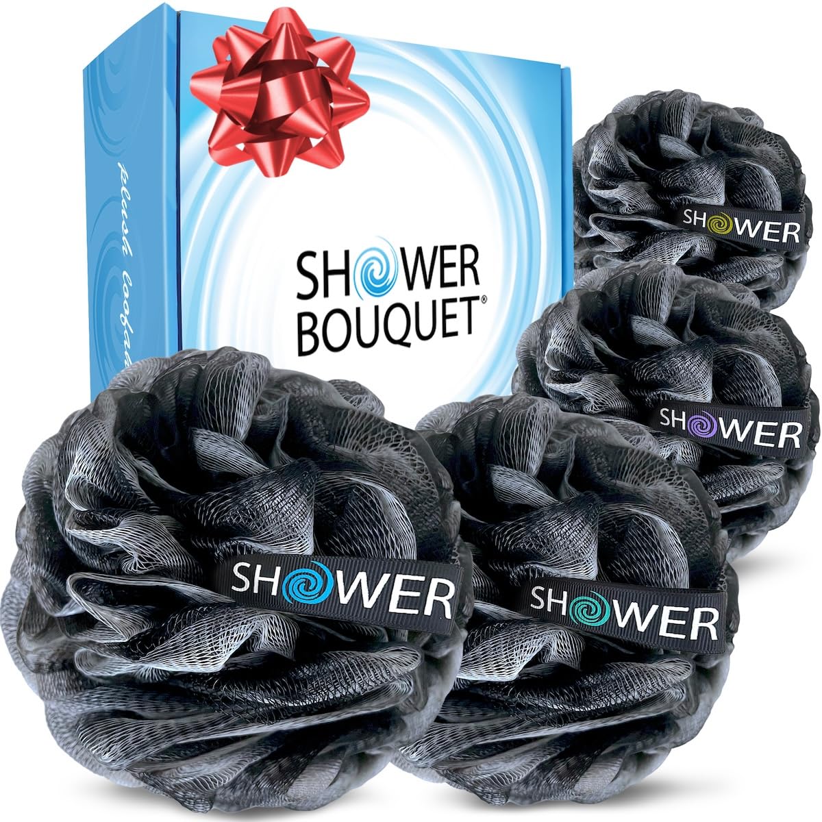 Shower Bouquet Loofah-Charcoal Bath-Sponge XL-75g-Set by : 4-Pack, Extra Large Mesh Pouf Soft Scrubber for Men and Women - Exfoliate with Big Black & White Gentle Cleanse in Beauty Bathing Accessories