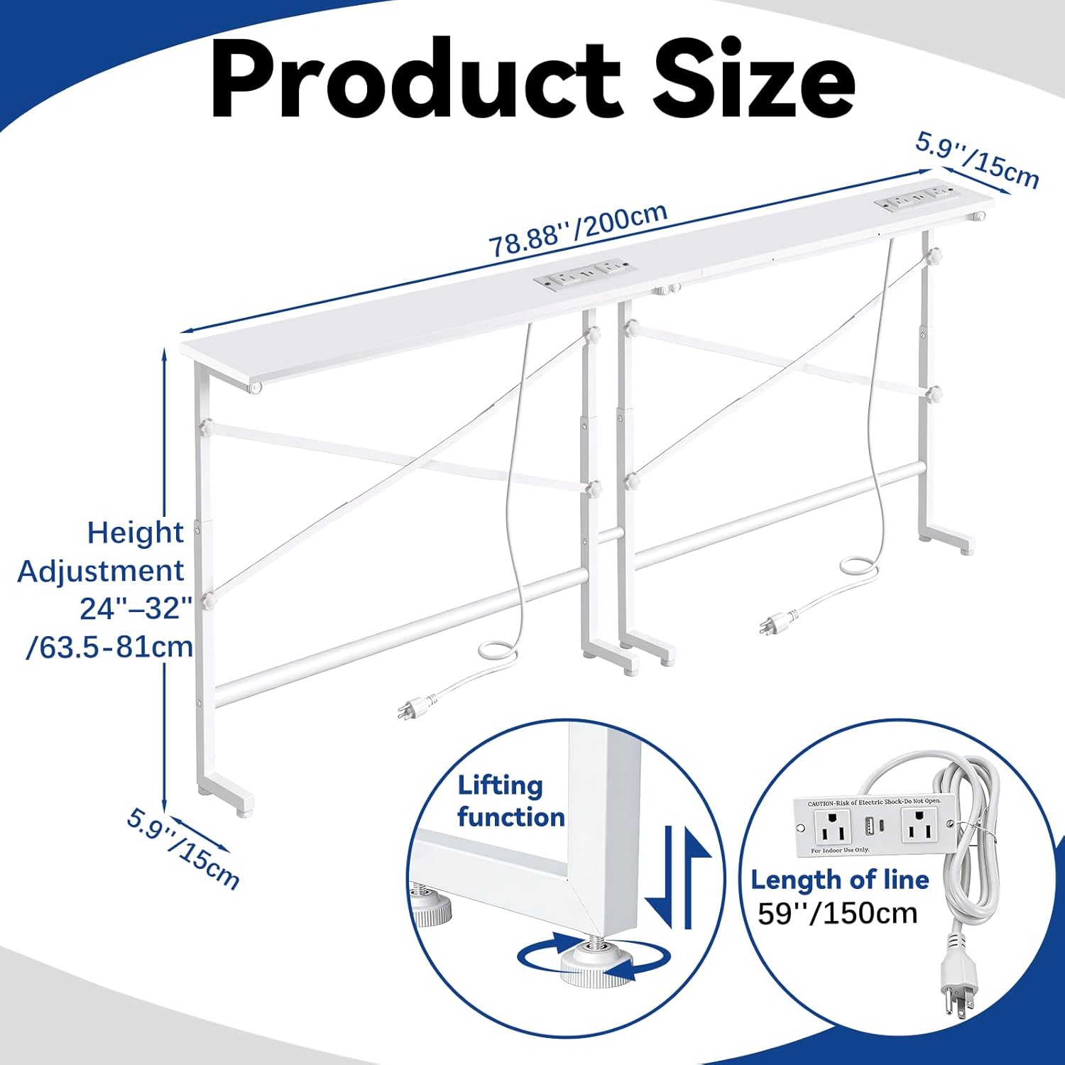 78.8inch Adjustable Height Narrow Sofa Side Table with 2 Power Outlets, Couch Behind Table for Small Space, Hallway, Entryway, Bedside, Bedroom, Stable, Easy to Assemble & Clean(Classic White)