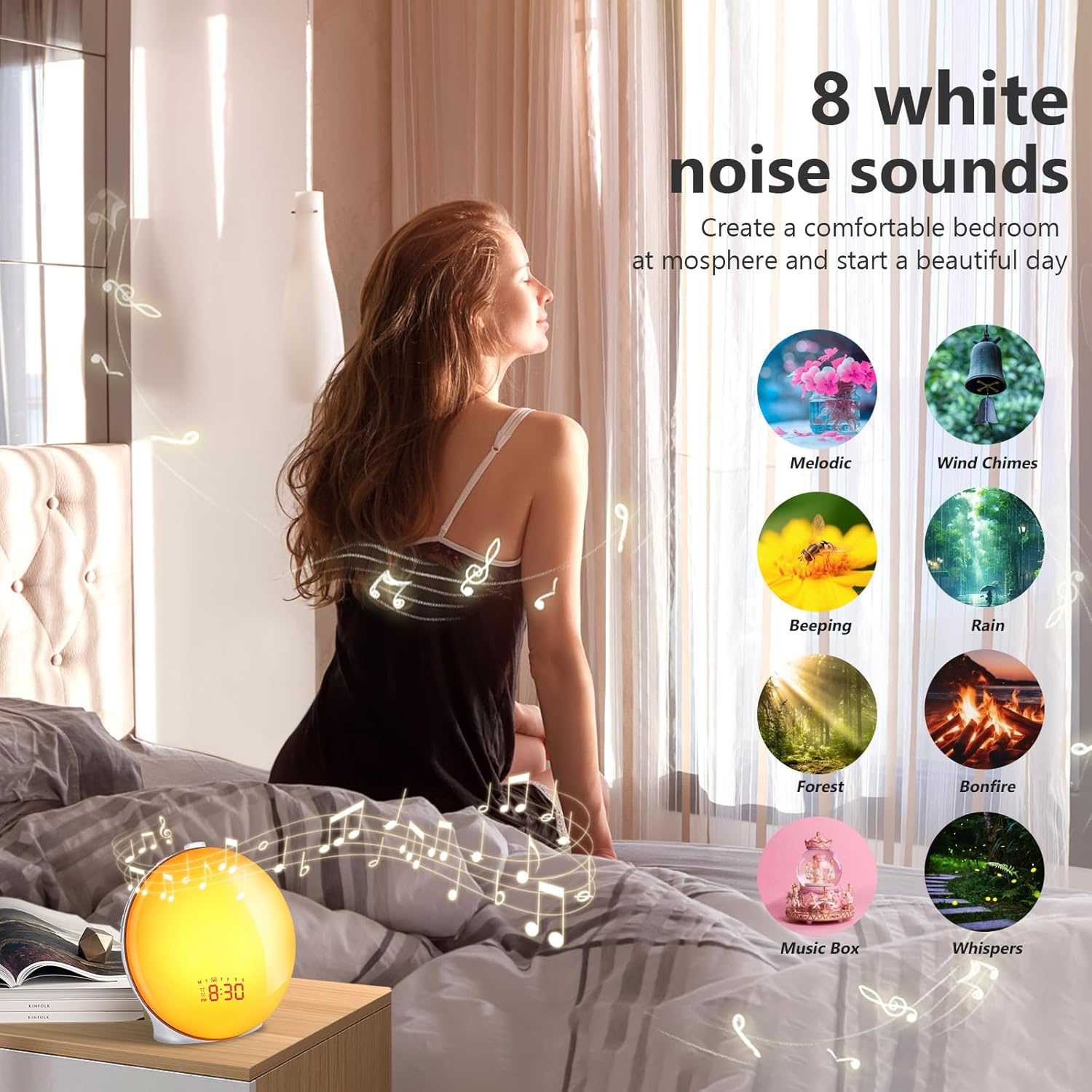 Winfine Sunrise Alarm Clock White Noise Sound Machine, Digital Alarm Clock for Baby, Kid, Teen, Heavy Sleeper, Sunset Bedside Lamp Ambient Lighting for Bedroom, 8 Natural Sounds, 10 Night Lights