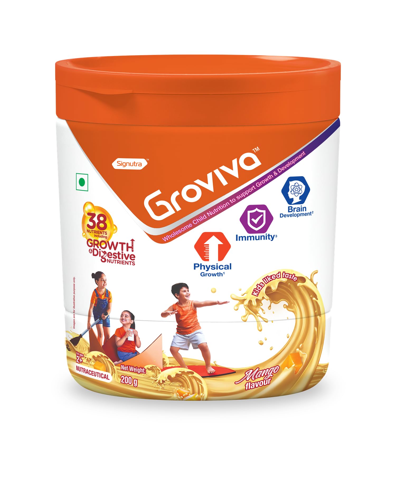 Groviva Customized Health & Nutrition Drink Powder For Kids - Supports Digestion, Physical Growth, Immunity & Brain Development - Mango Flavour 200G (Jar))