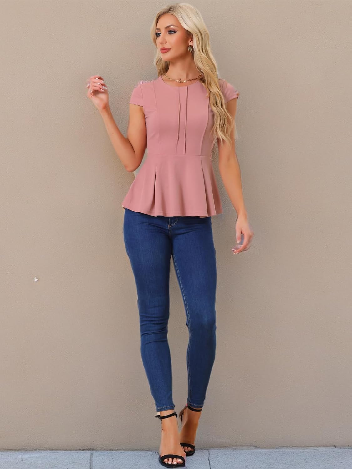 Allegra K Women's Peplum Top Cap Sleeve Round Neck 2025 Summer Work Blouse Tops for Business Casual - Image 6