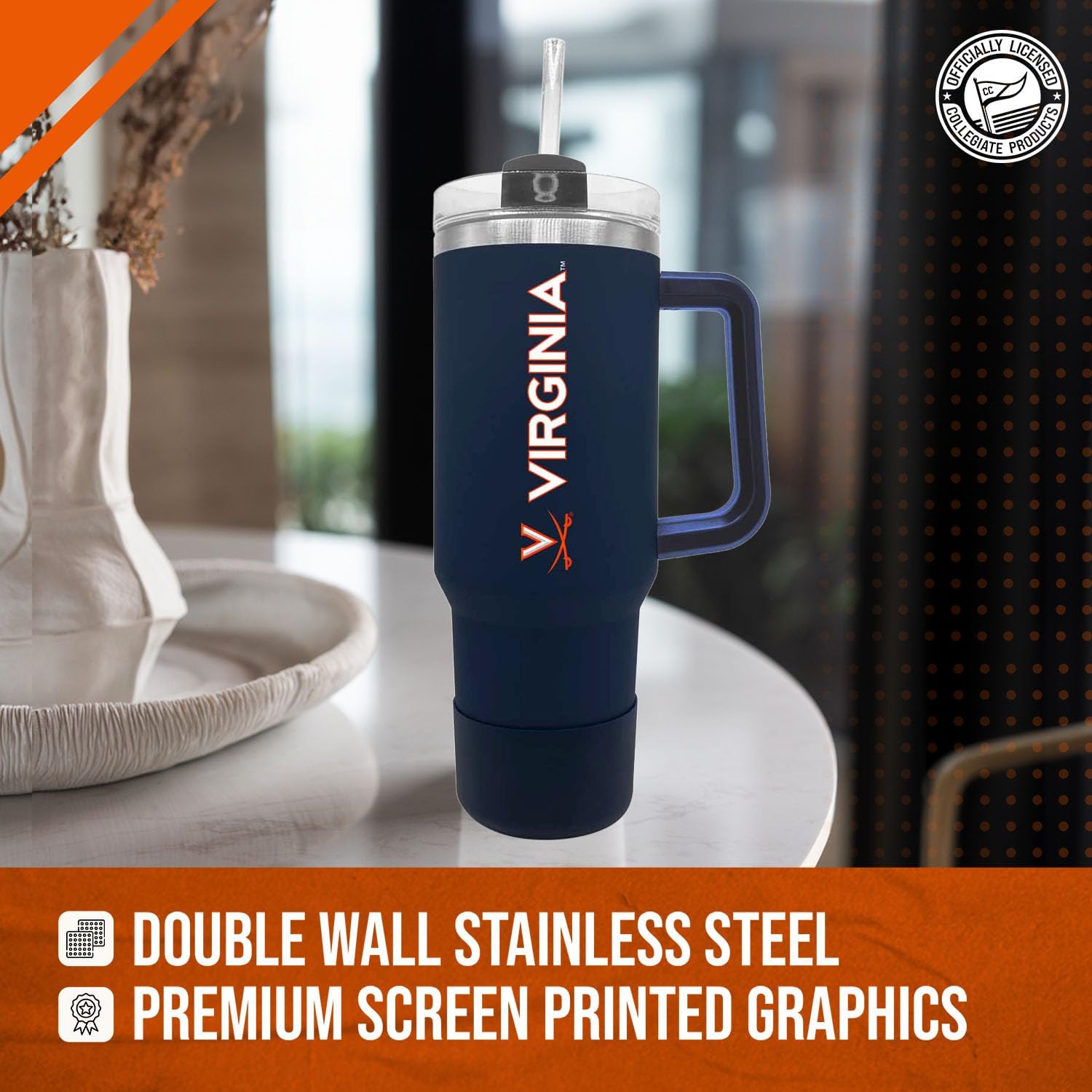 Campus Colors College & University 40 oz Travel Tumbler With Handle - Dual Option Lid With Straw - Vacuum Insulated Stainless Steel (Virginia Cavaliers - Navy)