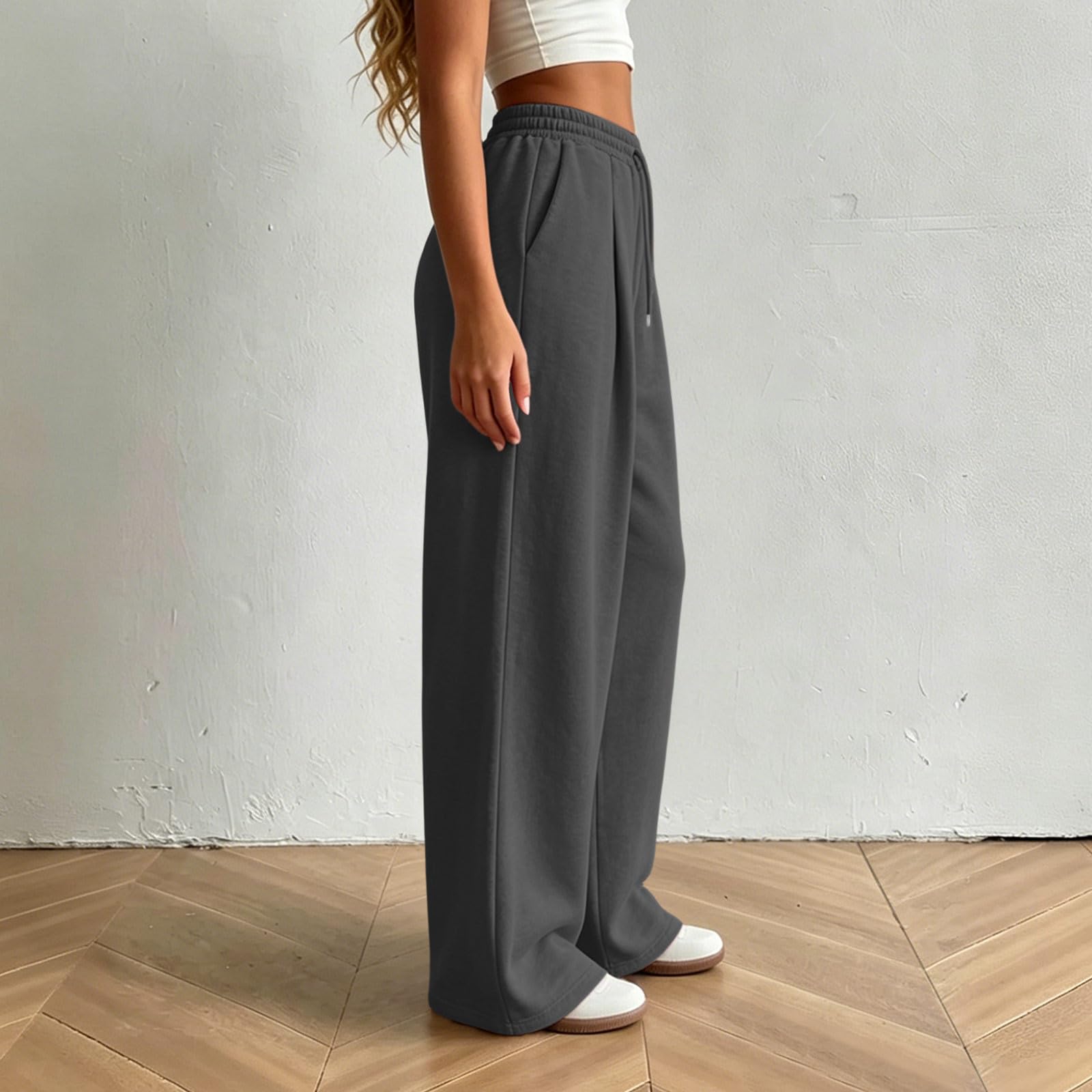 Generico Pantaloni da Jogging Donna Pantaloni Lunghi a Vita Alta Pantlone Cotone con Coulisse Regolabile Leggeri e Comodi Pantalone da Corsa con Tasche Plissettato Pants Baggy per Yoga e Fitness