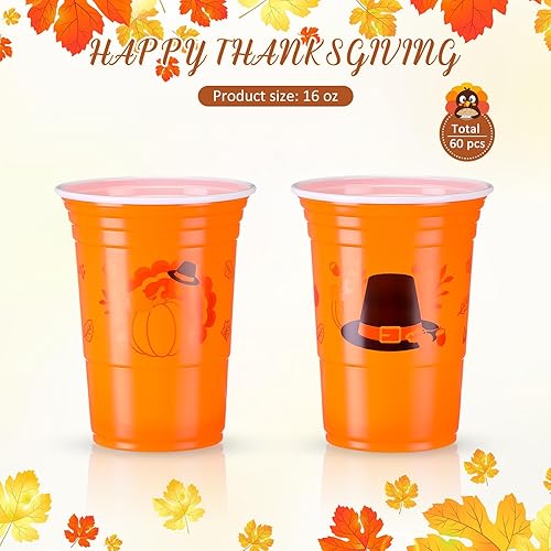Miniatura 2 de 60 vasos de plástico de Acción de Gracias, vasos desechables para fiesta de otoño, tazas de calabaza y pavo, para decoración de fiestas, suministros