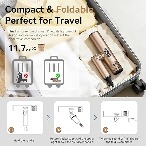 Miniatura 6 de Secador de pelo plegable iónico profesional, motor sin escobillas, 110,000 rpm, potente 1600 W, secado rápido, bajo ruido, con 2 boquillas