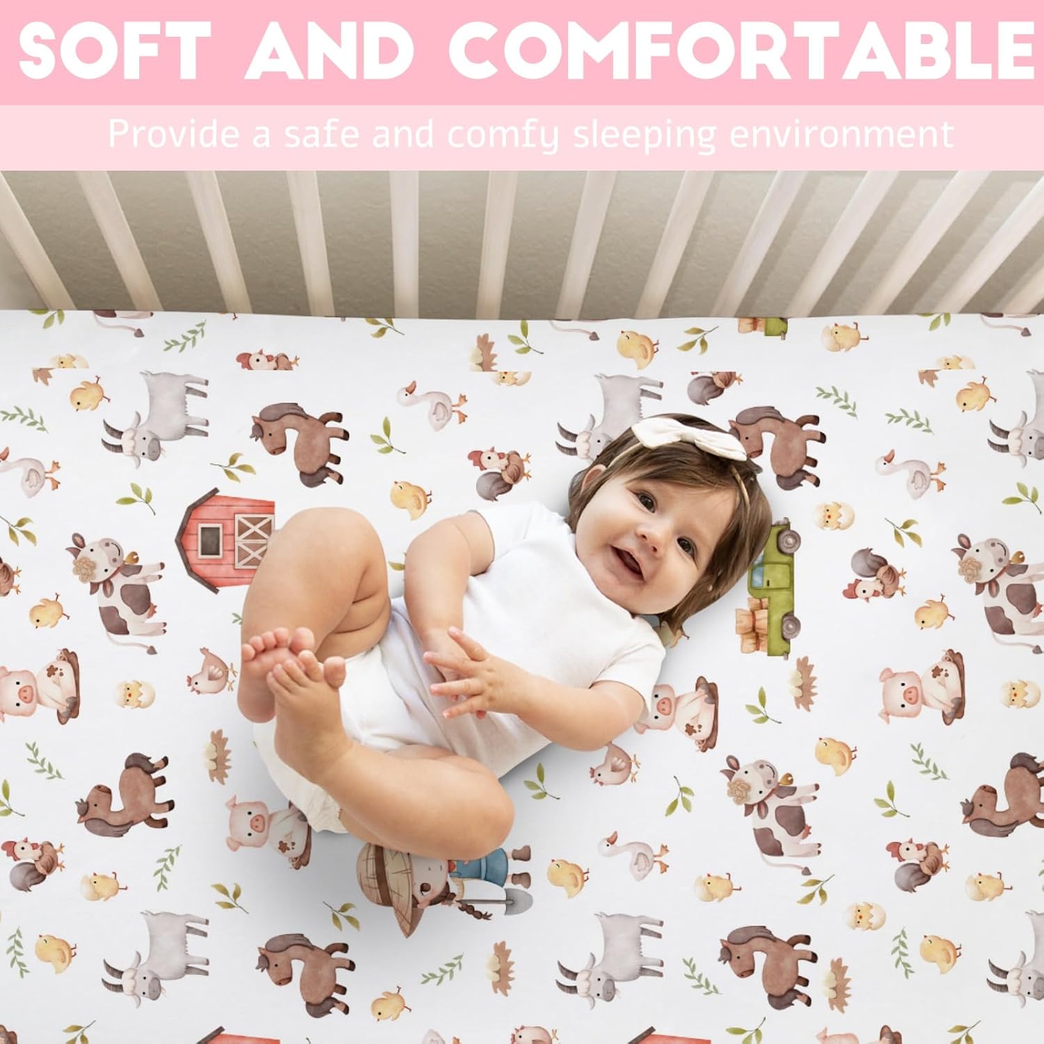 Watercolor Farm Life Fitted Crib Sheets for Boy Girl 52"x28" Farm Animals Pig Goat Horse Cow Chick Rooster Duck Leaves Barn Truck Soft Fitted Nursery Bed Sheets for Standard Crib Toddler Mattress