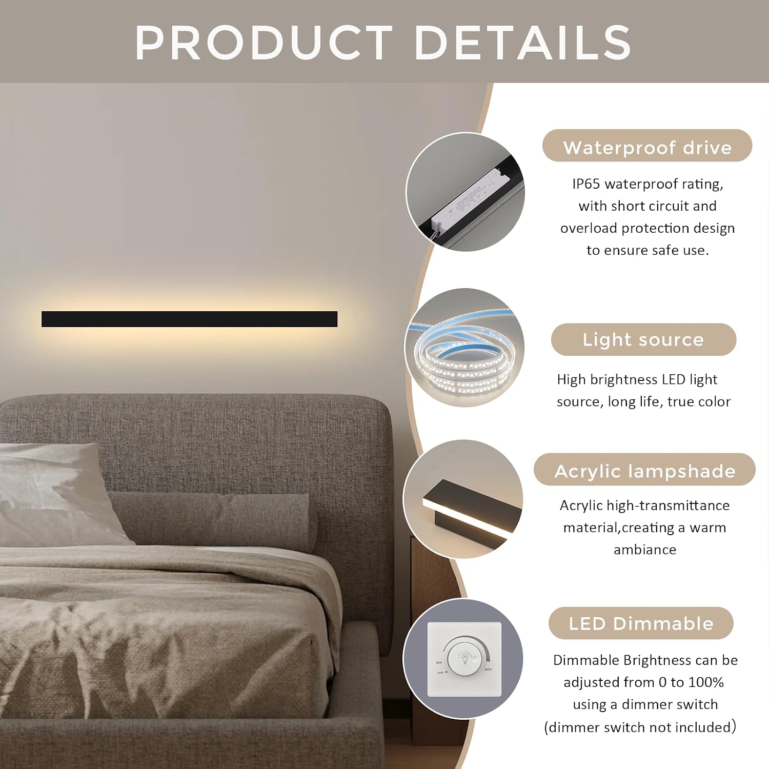 Modern Outdoor Wall Lights 31.5" LED 3000K Outdoor Wall Light for House Exterior Wall Garage Entrance Lighting Fixtures IP65 Waterproof Long Strip Wall Sconces for Doorway Patio Passage