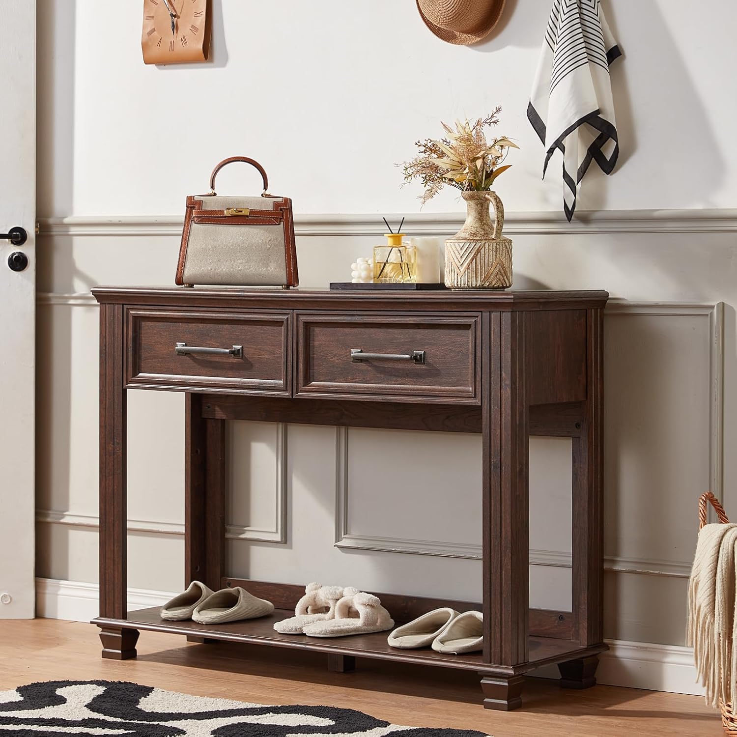 SAVOR LIFE Farmhouse 46" Console Table with 2 Drawers, Rustic Wood 2 Tier Entryway Table with Open Storage Shelf for Entry, Large Mid-Century Vintage Sofa Tables Behind Couch for Living Room, Walnut