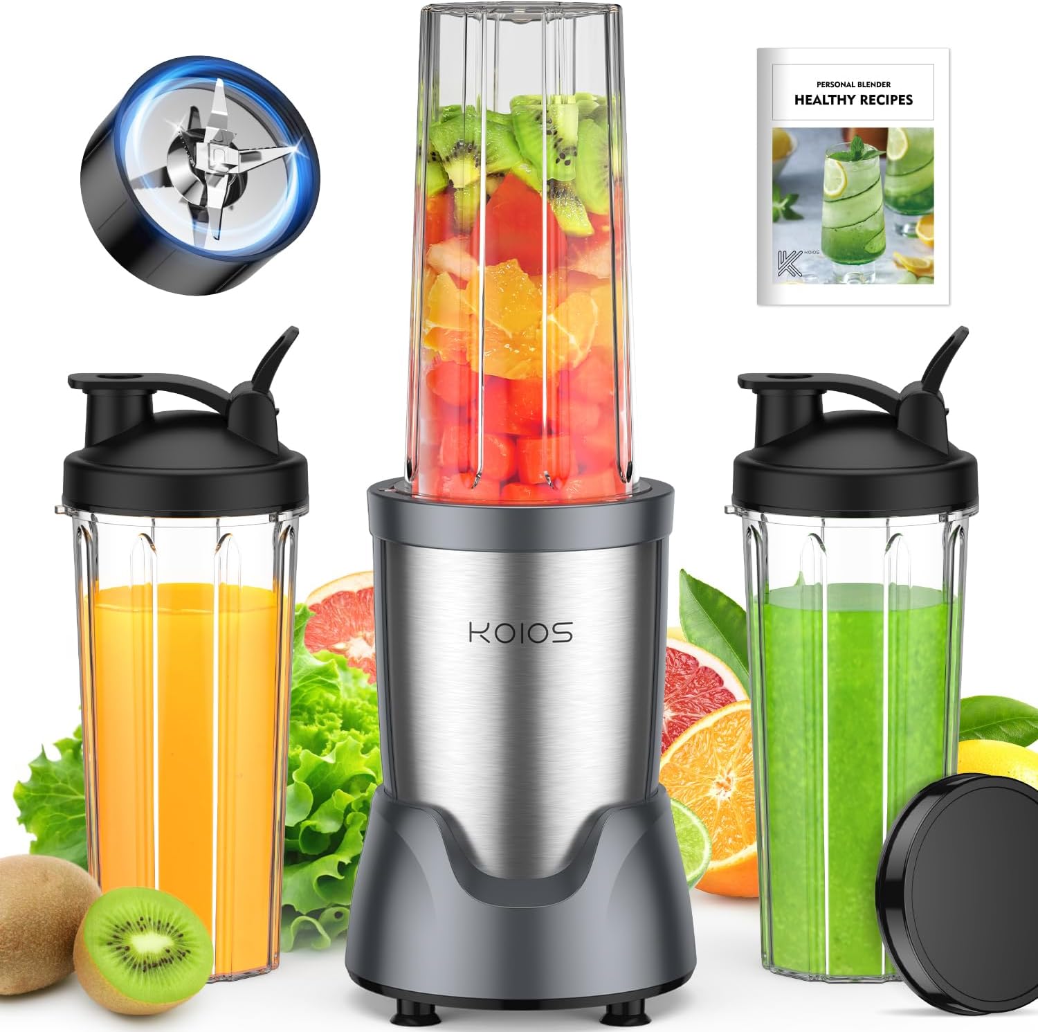 KOIOS Blender for Smoothies,Personal Blender for Shakes and Smoothies with 3 * 22oz To-Go Cups,22000 RPM Smoothie Maker,Detachable 6-leaf Blade Portable Blenders for kitchen,Nutritious Recipe (Grey)