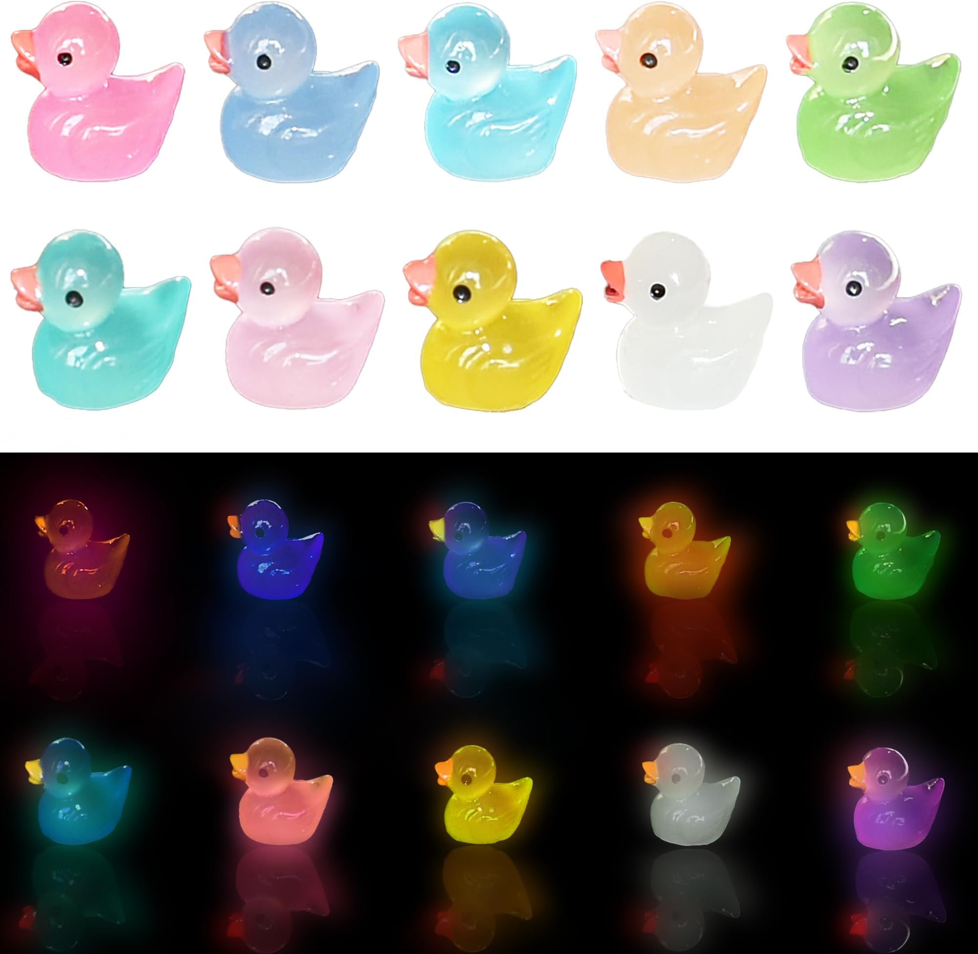Tindobewan 50 PCS Tiny Ducks Glow in The Dark Mini Resin Ducks Miniature Duck Figures Ornament for Craft, Dollhouse, Slime,Landscape, Home Decorations(Luminous Tiny Ducks 10 Colors)