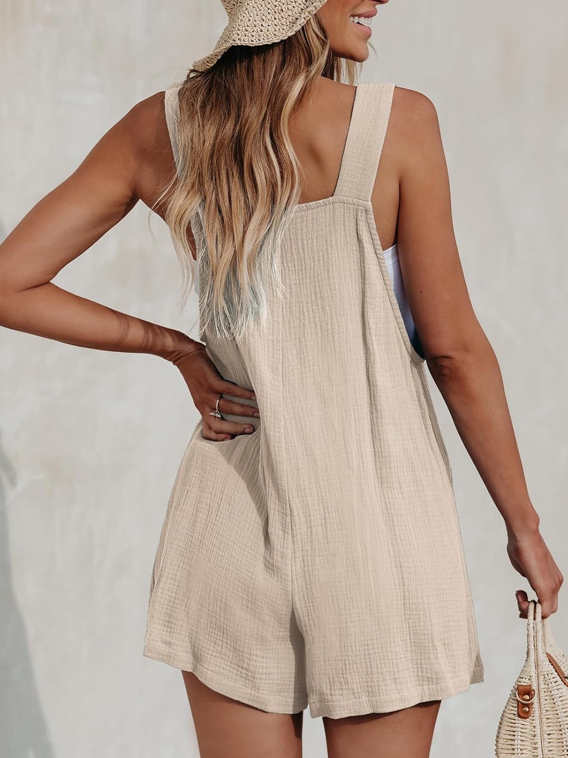 CUPSHE Jumpsuit voor dames, korte tuinbroek, ronde hals, mouwloos, overall, casual, rechte pijpen, outfit, romper, playsuit met zakken, Abrikoos, S