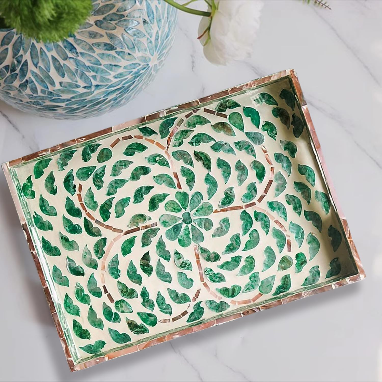 Handmade Green Shell Tray, Nordic Rack Style, Décor with Pearl Clam Shells. Serves Trays for Coffee Tables, Restaurants, Living Rooms, Bathrooms, with A Unique Pattern Design/Set of 2