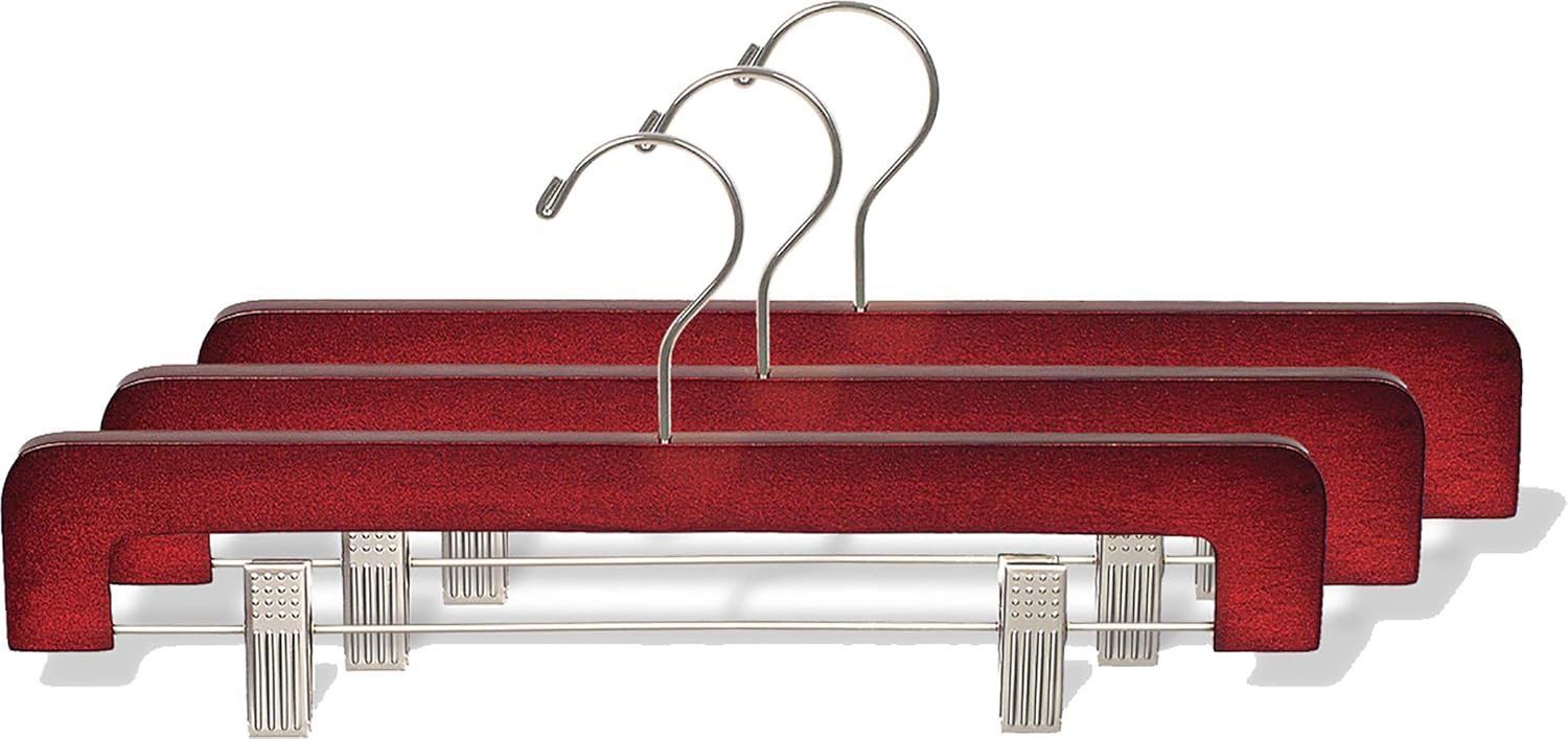 Deluxe Rounded Wooden Pant Hanger with Adjustable Cushion Clips, Bottom Hangers with Cherry Finish and Brushed Chrome Swivel Hook (Box of 100) by The Great American Hanger Company