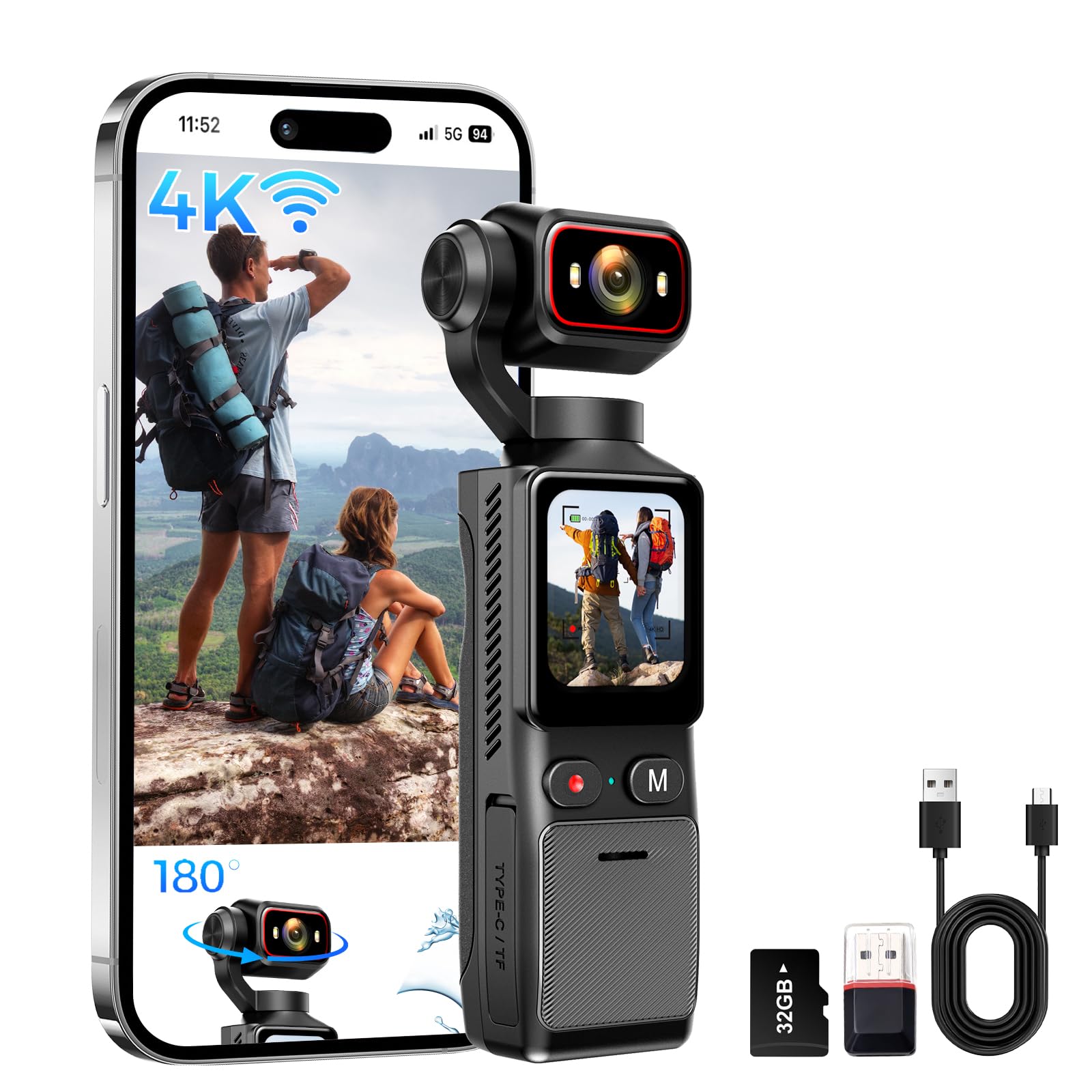 4K Vlogging Camera with WiFi, 180° Rotating Lens, 6-Axis Stabilization, Touchscreen, 32GB Card, Portable Handheld POV Camera, Personal Pocket Body Cam for Travel, Vlog, Selfies, Sports & Daily-image-0