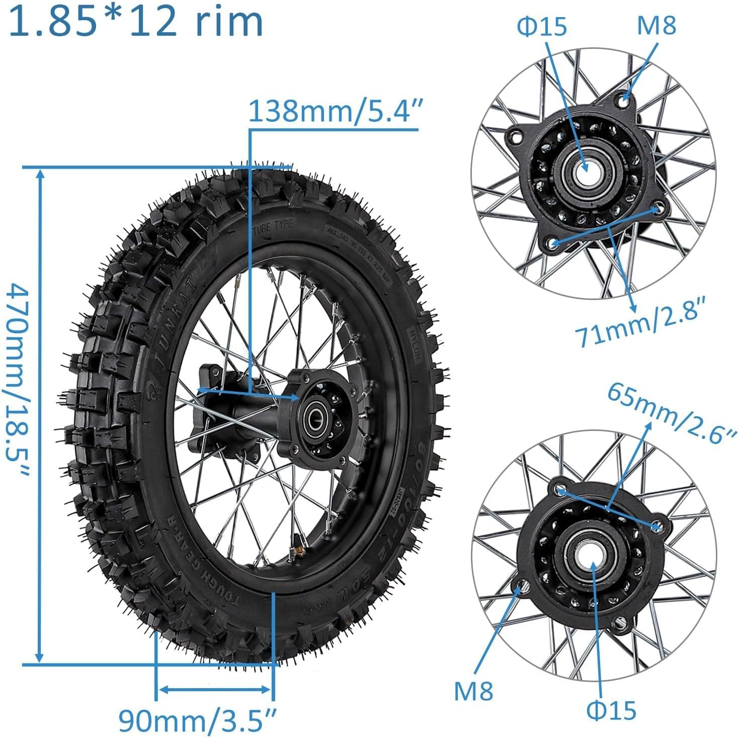 80/100-12 Rear Dirt Bike Wheel & Tire Assembly with 12" Rim, 3.00-12 Tire, 15mm Axle, Disc Brake Ready for Pit Bikes, Trail Bikes, Monkey Bikes, Off-Road Motorcycles