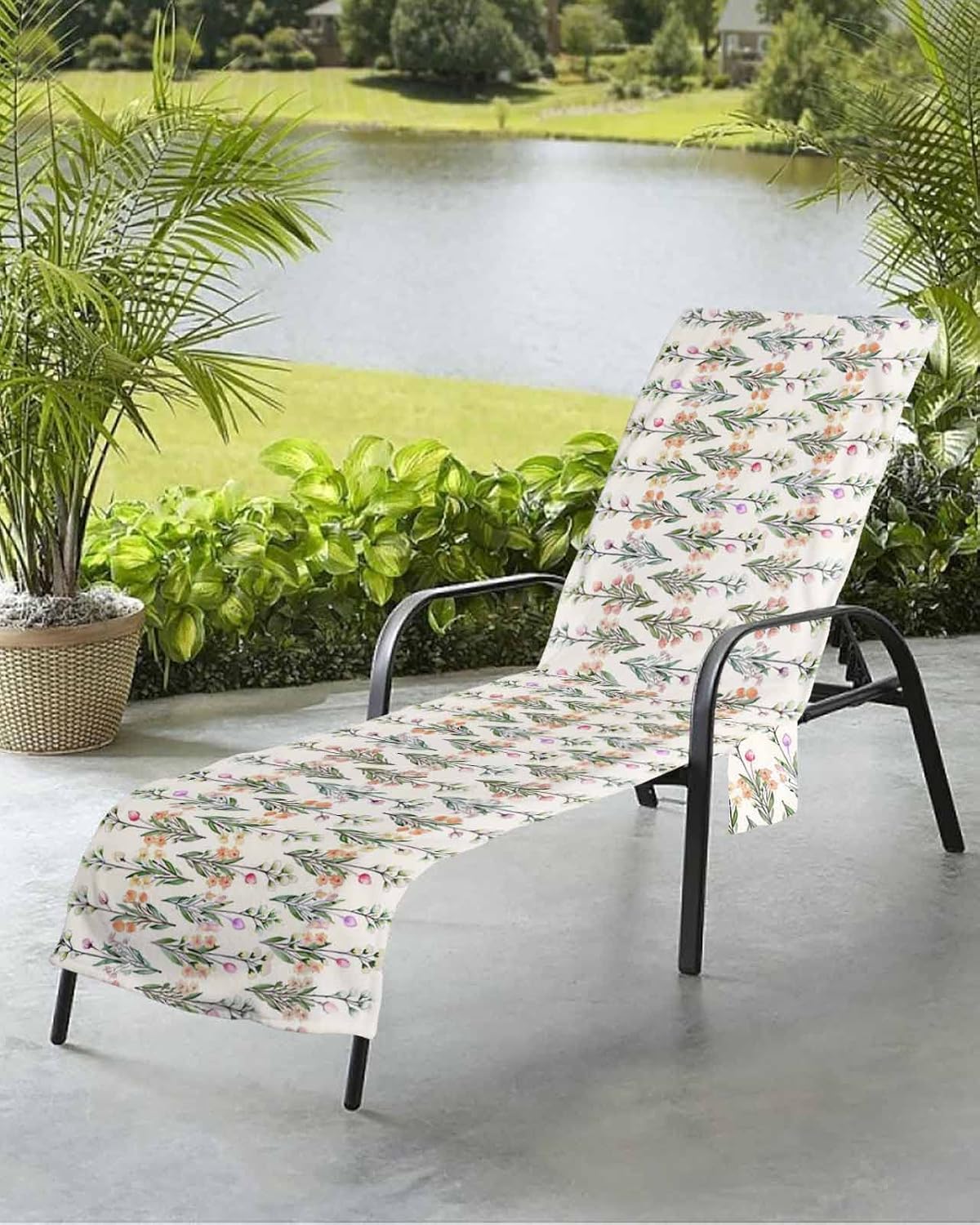 Country Rustic Flower Beach Pool Patio Lounge Chaise Chair Cover Towel With Pockets,Absorbent & Quick Dry Microfiber Towel Cover Bag Summer Accessories for Sunbathing Spring Summer Floral Plant Herb
