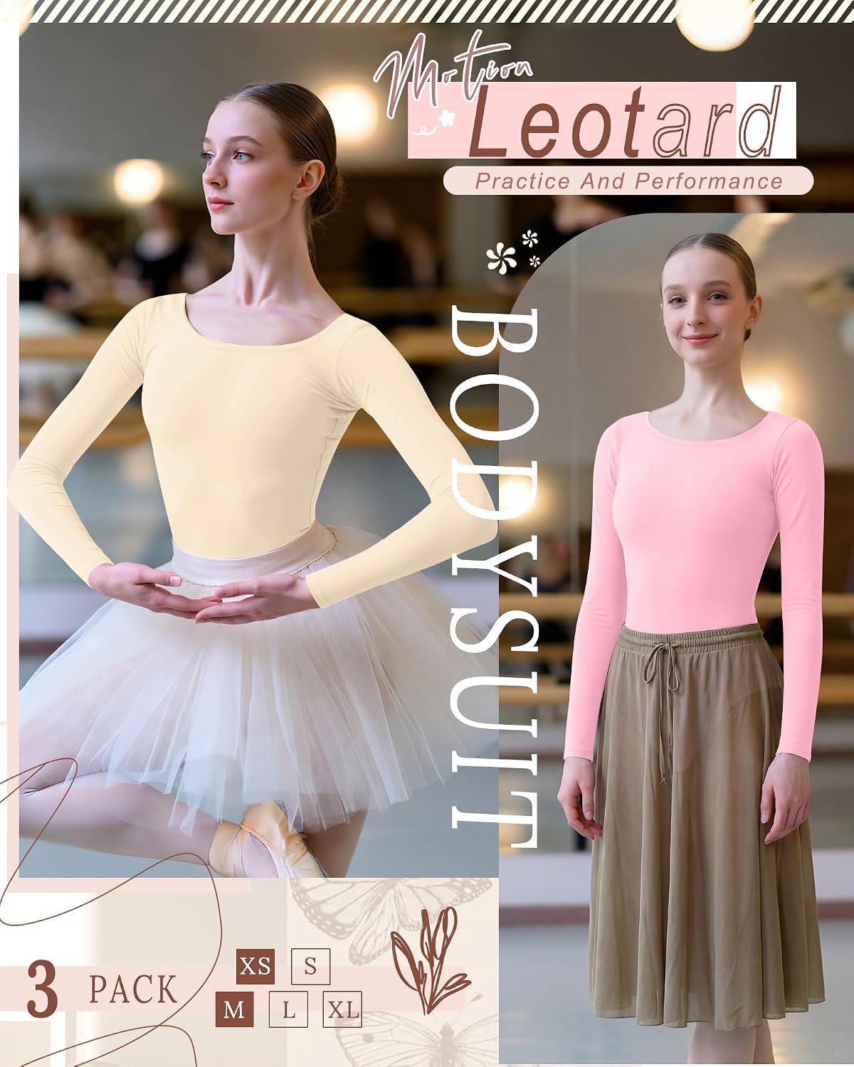 3 Pack Women's Long Sleeve Leotards for Ballet Dance Costumes Adult Gymnastics Bodysuit Round Neck Basic Clothes