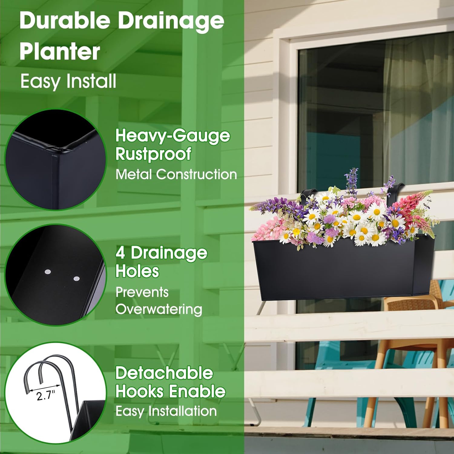 OGIMA 16-Inch Railing Planter Box, 3 Pack Large Hanging Planters for Outdoor Plants with Adjustable Wide Hooks for 2.7'' Railings - Balcony Planters Railing Hanging for Deck, Fence & Patio Decor