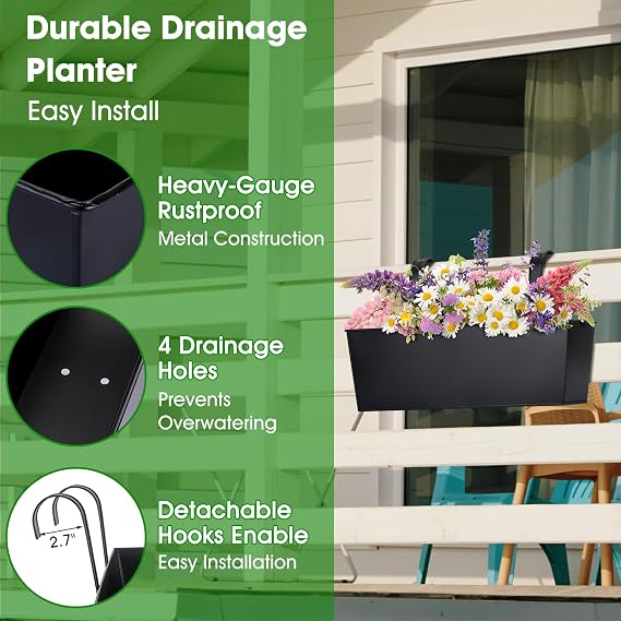 OGIMA 41cm Railing Planter Box, 3 Pack Large Hanging Planters for Outdoor Plants with Detachable Wide Hooks for 7cm Railings - Balcony Planters Railing Hanging for Deck, Fence & Patio Decor
