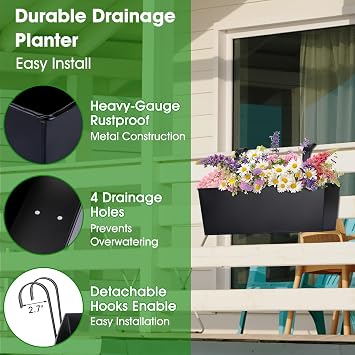 OGIMA 41cm Railing Planter Box, 3 Pack Large Hanging Planters for Outdoor Plants with Detachable Wide Hooks for 7cm Railings - Balcony Planters Railing Hanging for Deck, Fence & Patio Decor