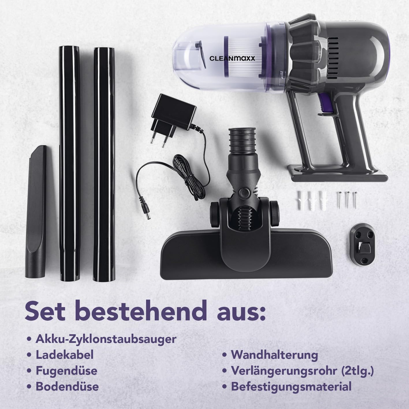 CLEANmaxx Akku Staubsauger | 2in1 Handstaubsauger & Bodenstaubsauger | max. 30 Min. Laufzeit | kabellos, leistungsstark, wiederaufladbar | mit Verlängerungsrohr (80 cm) & Düsen-Set