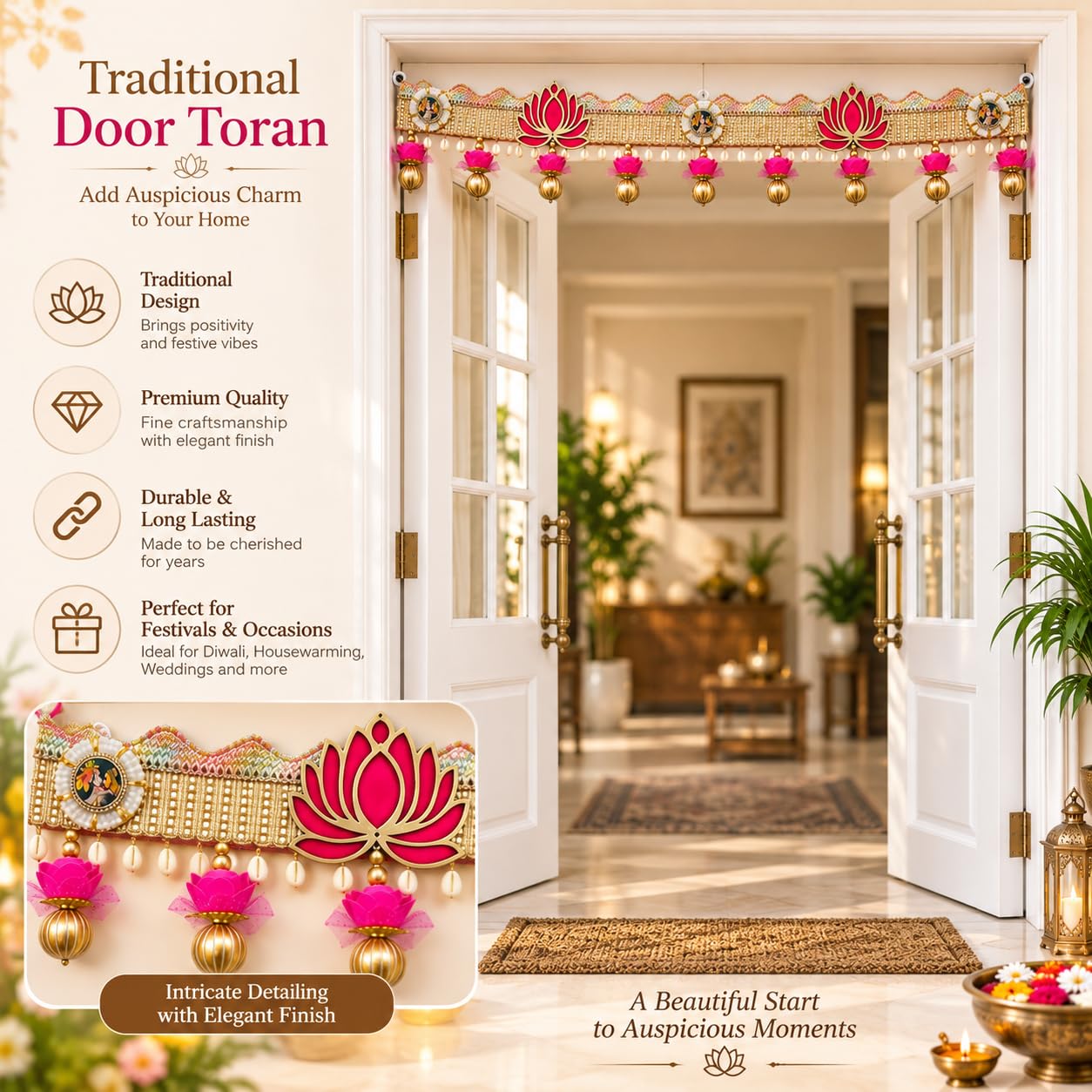 Gold Lotus Toran - Traditional Indian Door Decor -4