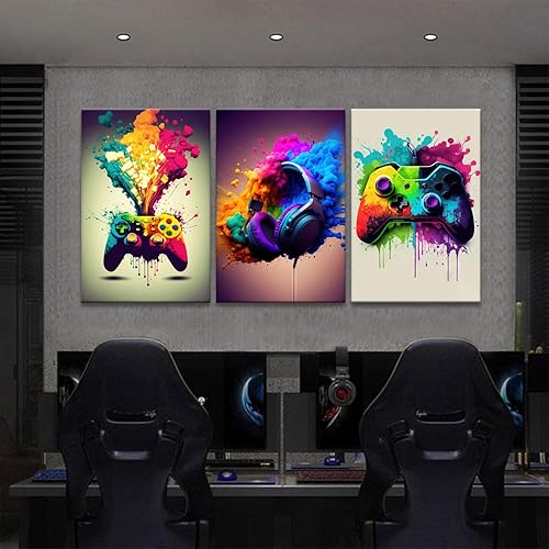 Miniatura 4 de Framed 3 Piece Game Room Decorative Wall Art Color Video Game Handle Earphone Graffiti Theme Poster Neon Light Poster Print Picture Children Youth