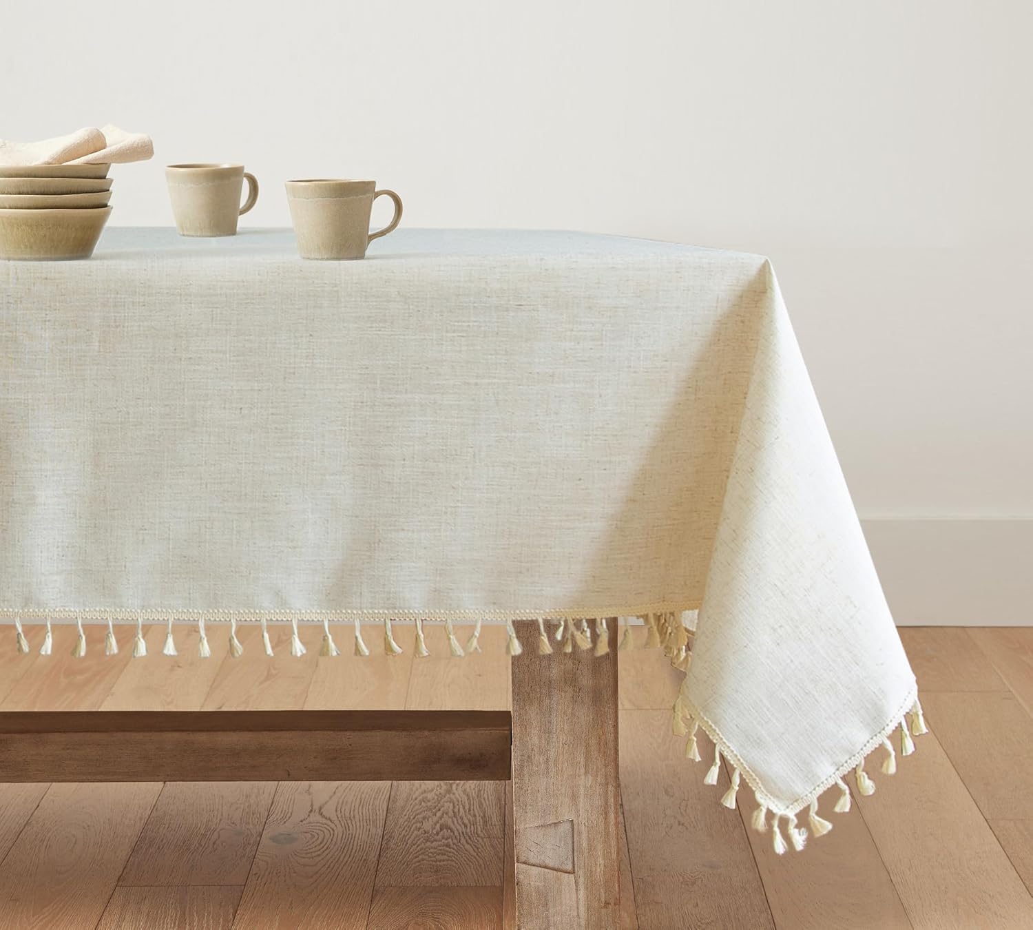 Beige Cream Linen Tablecloth for Rectangle Table Farmhouse Burlap Table Cloths with Tassel Kitchen Dining Room Decoration Soft Fabric Rustic Boho Oblong Table Cover for Thanksgiving Party, 55x86 Inch